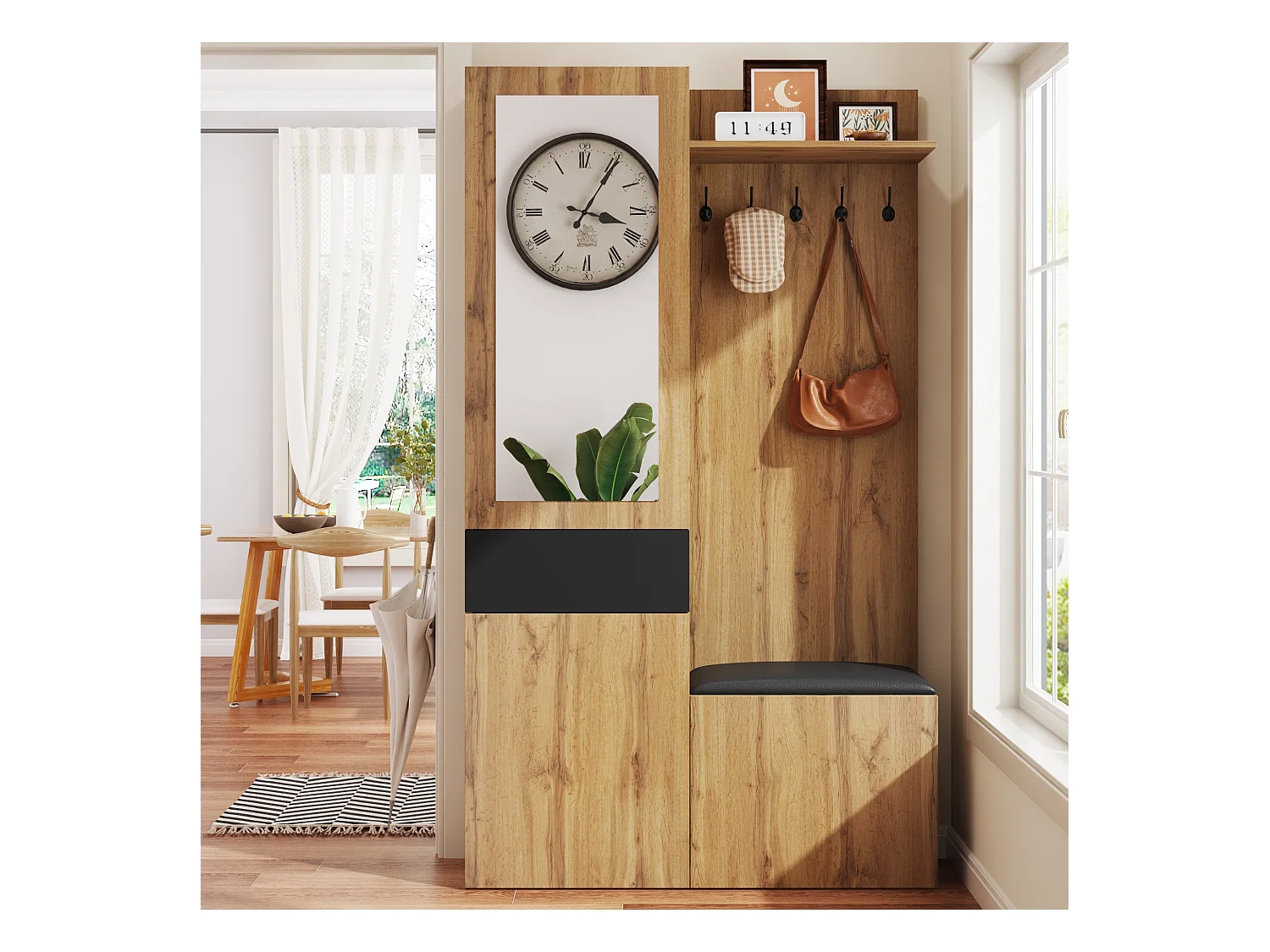 Ensemble de vestiaire avec 5 crochets, miroir, rangement à chaussures et banc, MDF, noir et naturel (98.5x38x191cm)