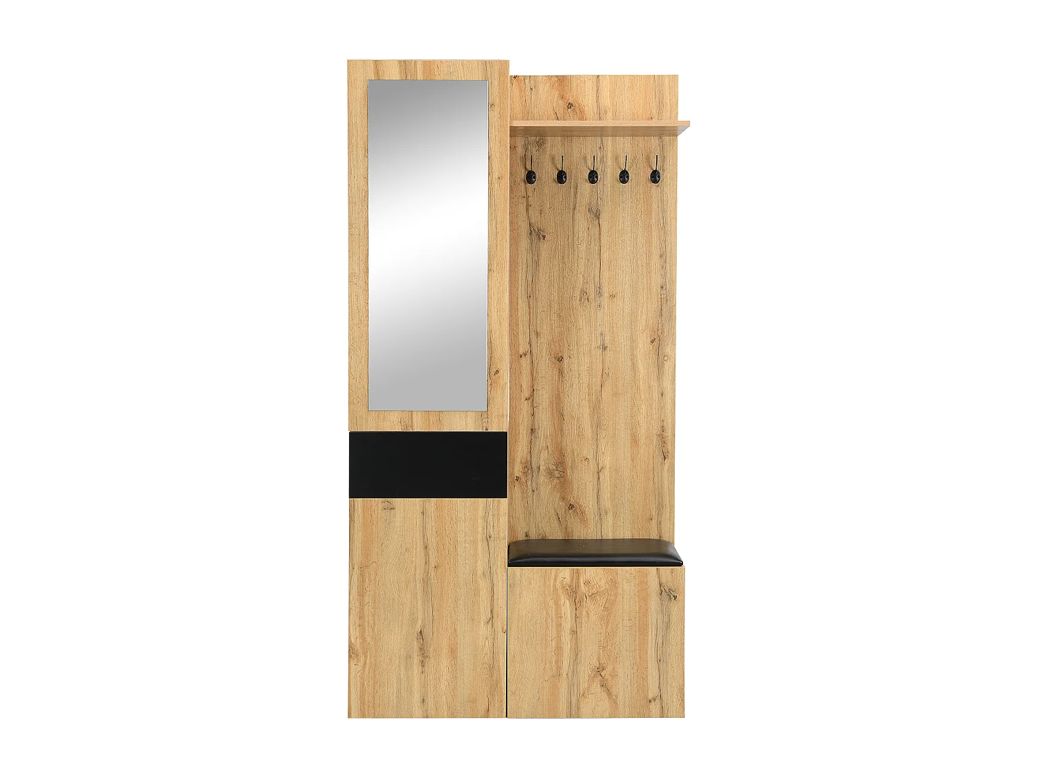 Kledingkastset met 5 haken, spiegel, schoenenrek en bank, MDF, zwart en naturel (98,5x38x191cm)