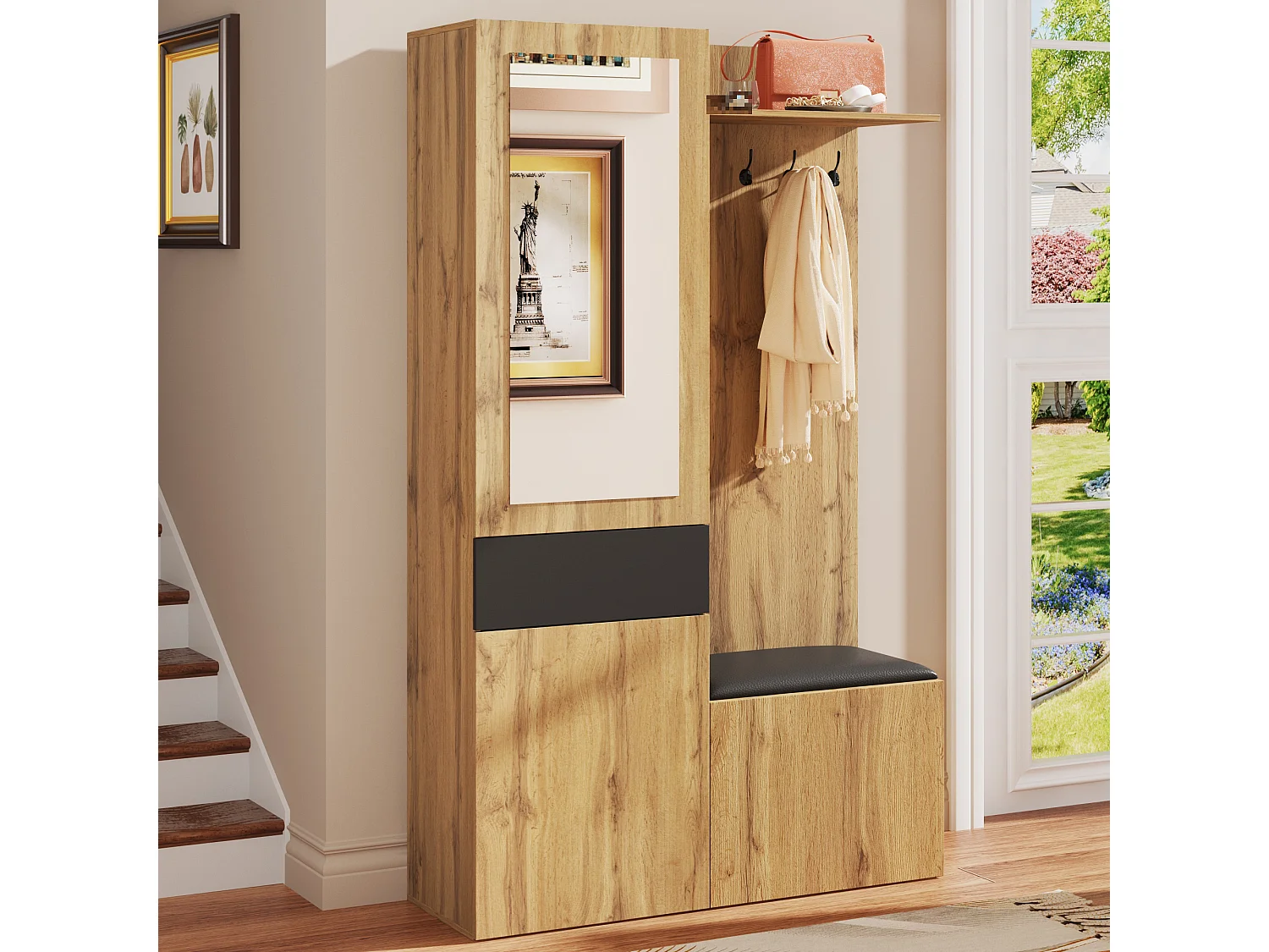 Kledingkastset met 5 haken, spiegel, schoenenrek en bank, MDF, zwart en naturel (98,5x38x191cm)