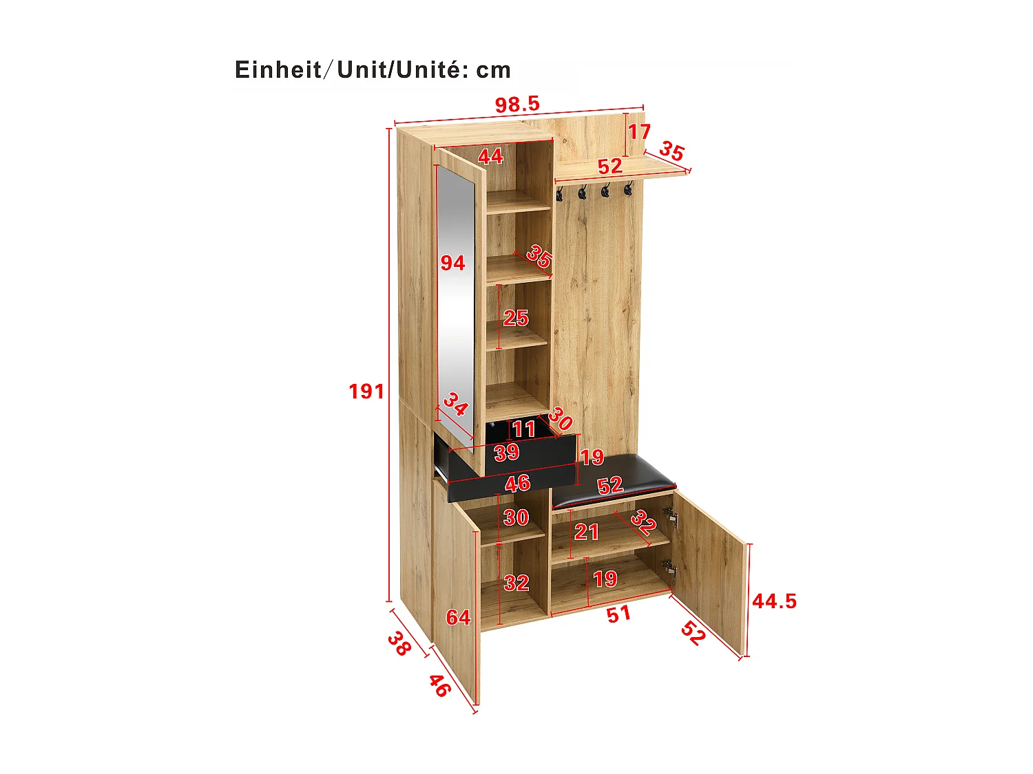 Kledingkastset met 5 haken, spiegel, schoenenrek en bank, MDF, zwart en naturel (98,5x38x191cm)