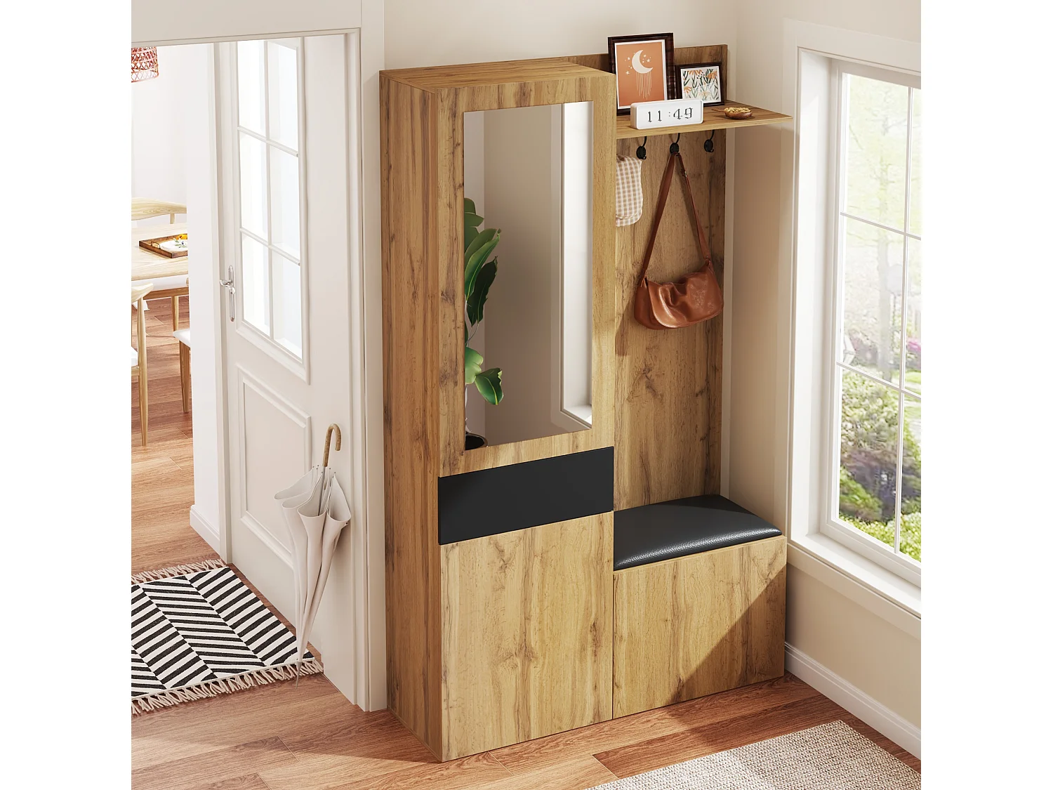 Kledingkastset met 5 haken, spiegel, schoenenrek en bank, MDF, zwart en naturel (98,5x38x191cm)