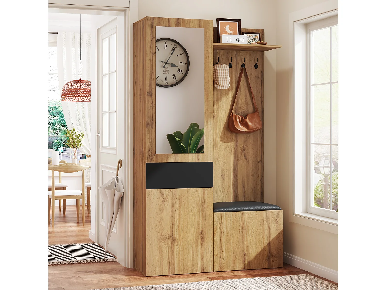 Kledingkastset met 5 haken, spiegel, schoenenrek en bank, MDF, zwart en naturel (98,5x38x191cm)