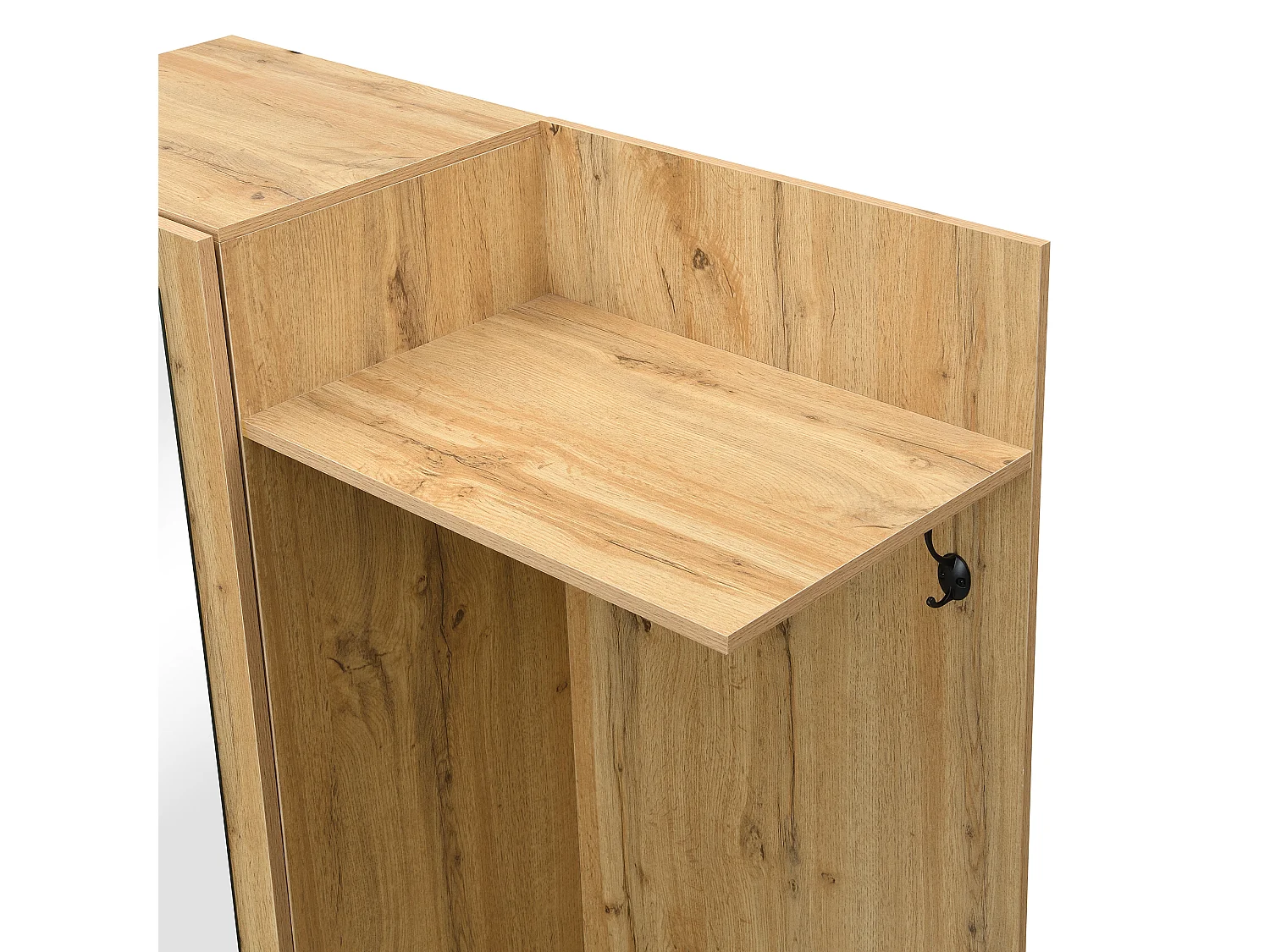 Kledingkastset met 5 haken, spiegel, schoenenrek en bank, MDF, zwart en naturel (98,5x38x191cm)