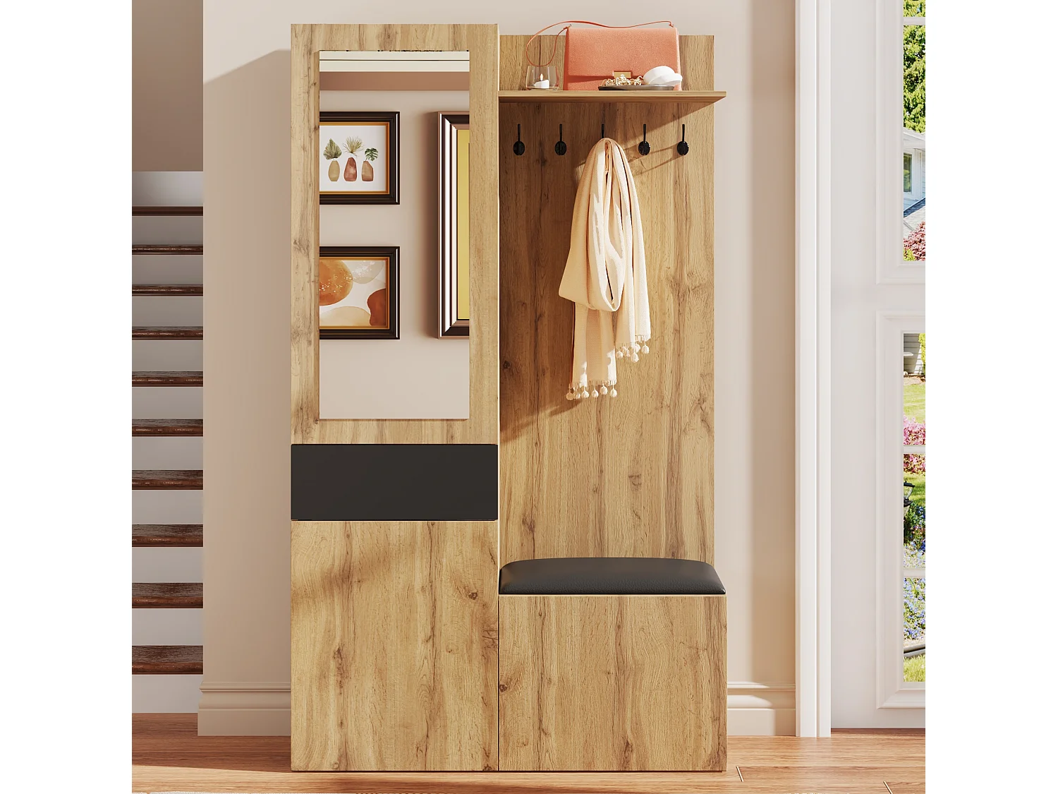 Kledingkastset met 5 haken, spiegel, schoenenrek en bank, MDF, zwart en naturel (98,5x38x191cm)