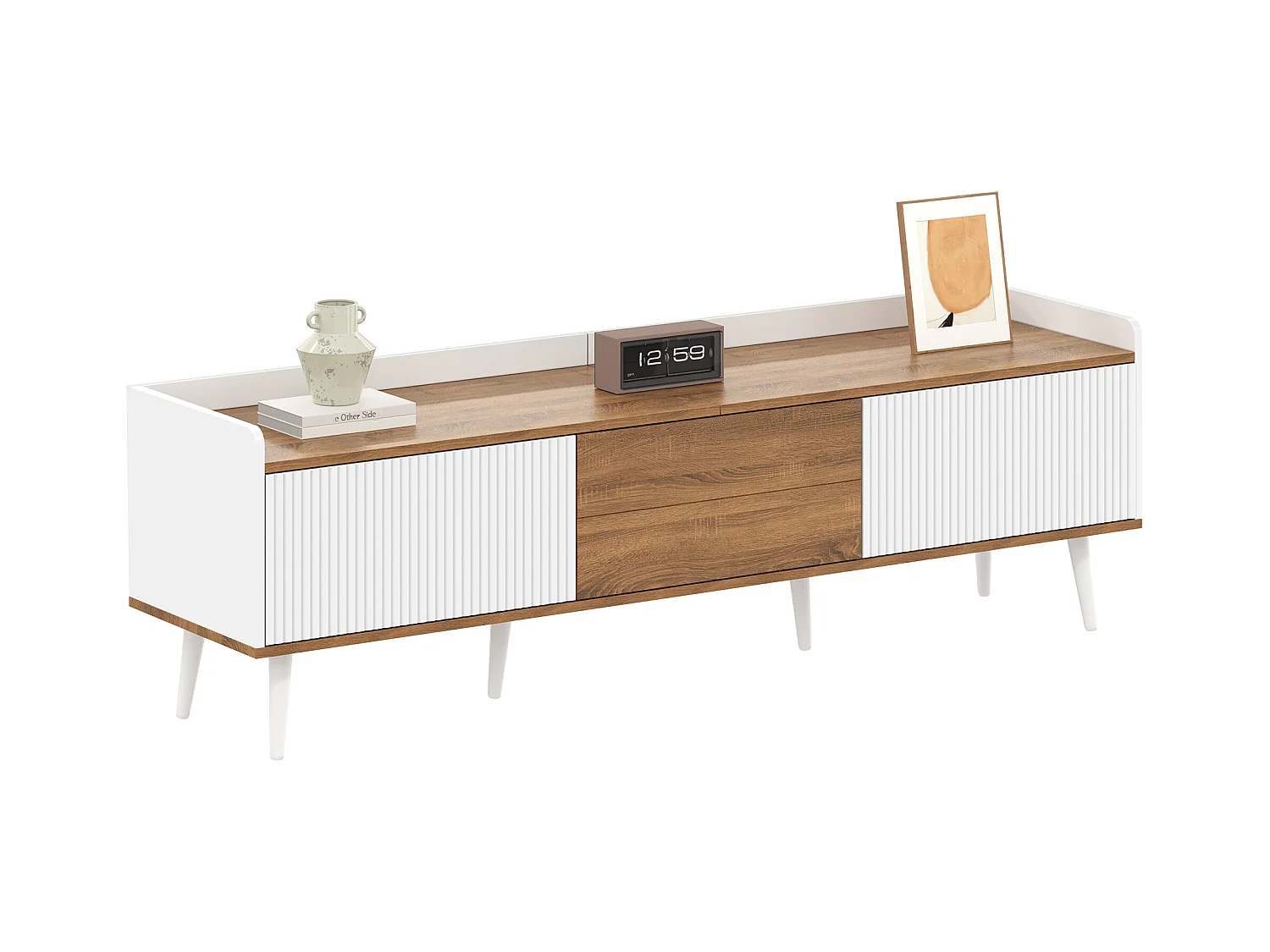 Mobile TV a 3 ante, design compatto, MDF e truciolato, finitura bianco e legno naturale (160x39x49,5 cm)