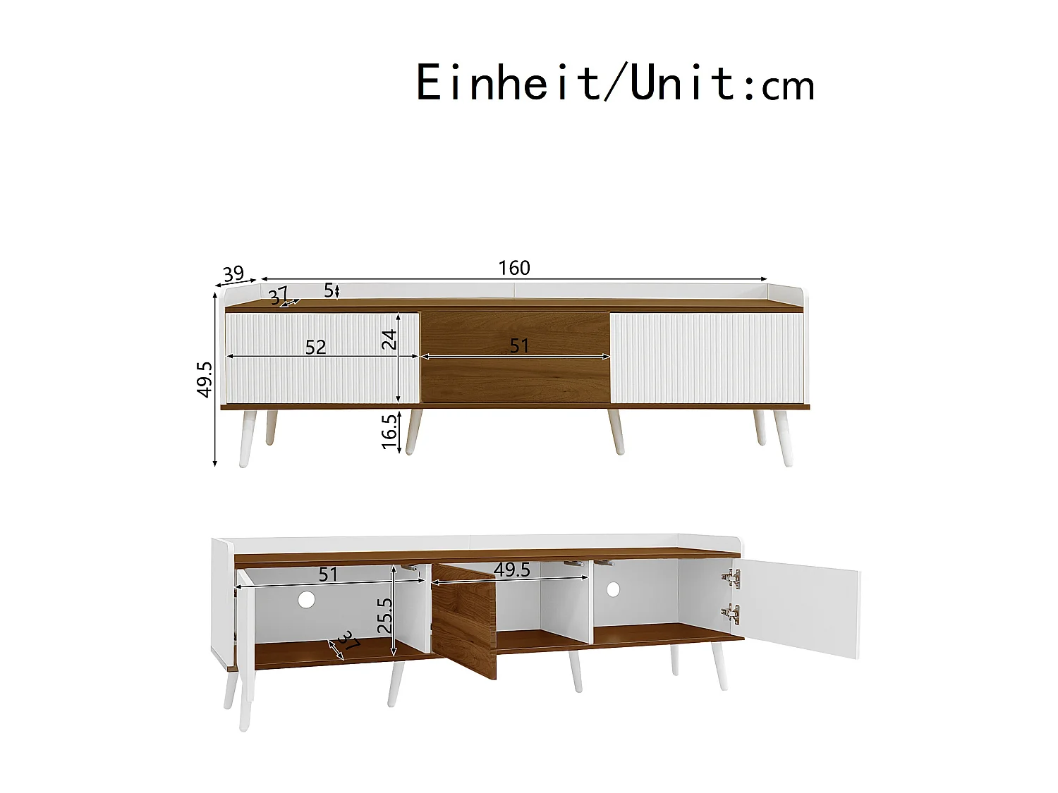 Mobile TV a 3 ante, design compatto, MDF e truciolato, finitura bianco e legno naturale (160x39x49,5 cm)