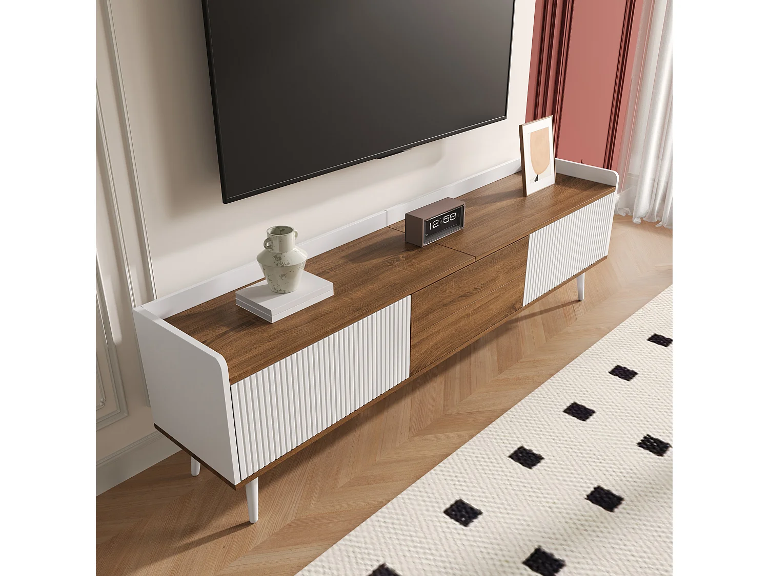 Mobile TV a 3 ante, design compatto, MDF e truciolato, finitura bianco e legno naturale (160x39x49,5 cm)