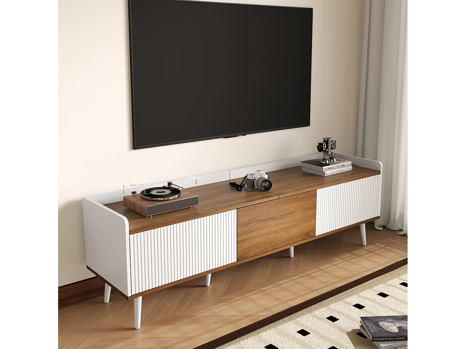 Mobile TV a 3 ante, design compatto, MDF e truciolato, finitura bianco e legno naturale (160x39x49,5 cm)
