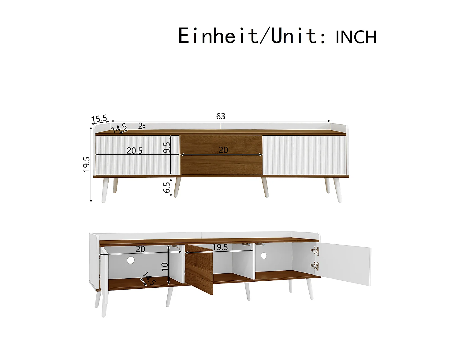 Meuble TV 3 portes, design compact, MDF et panneau de particules, blanc et finition bois naturel (160x39x49.5 cm)