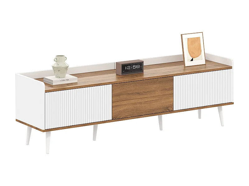 Meuble TV 3 portes, design compact, MDF et panneau de particules, blanc et finition bois naturel (160x39x49.5 cm)