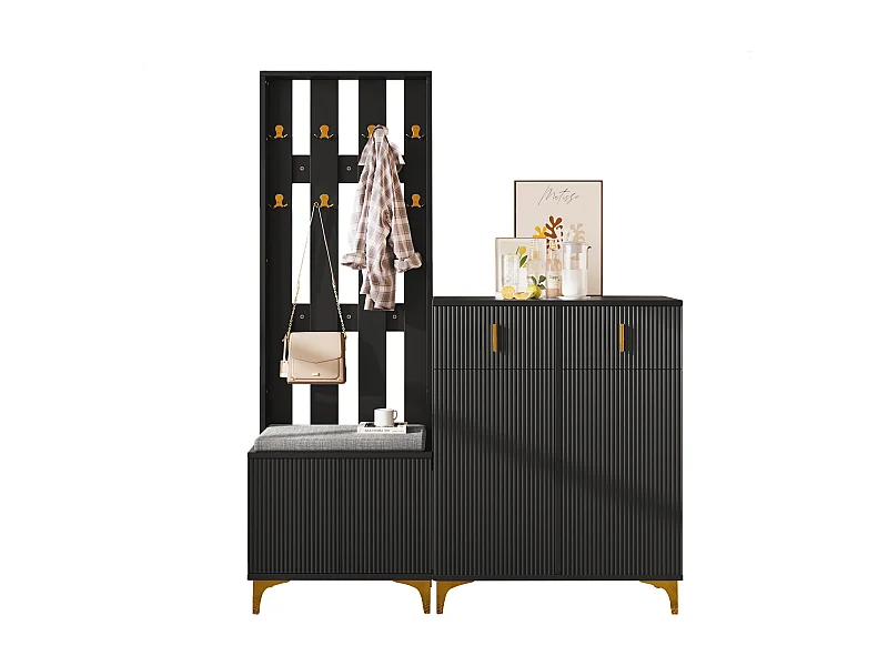 Ensemble dressing avec banc à chaussures et coussin, panneau porte-manteaux avec crochets, armoire à chaussures avec tiroirs et portes (60.5x180.5x35.2 cm）