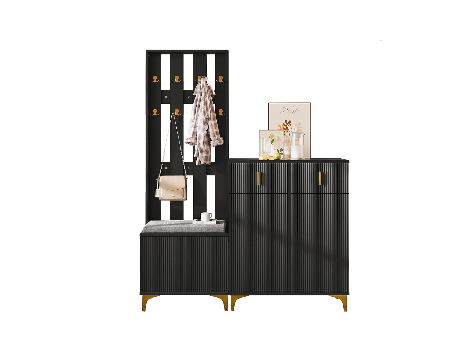 Ensemble dressing avec banc à chaussures et coussin, panneau porte-manteaux avec crochets, armoire à chaussures avec tiroirs et portes (60.5x180.5x35.2 cm）