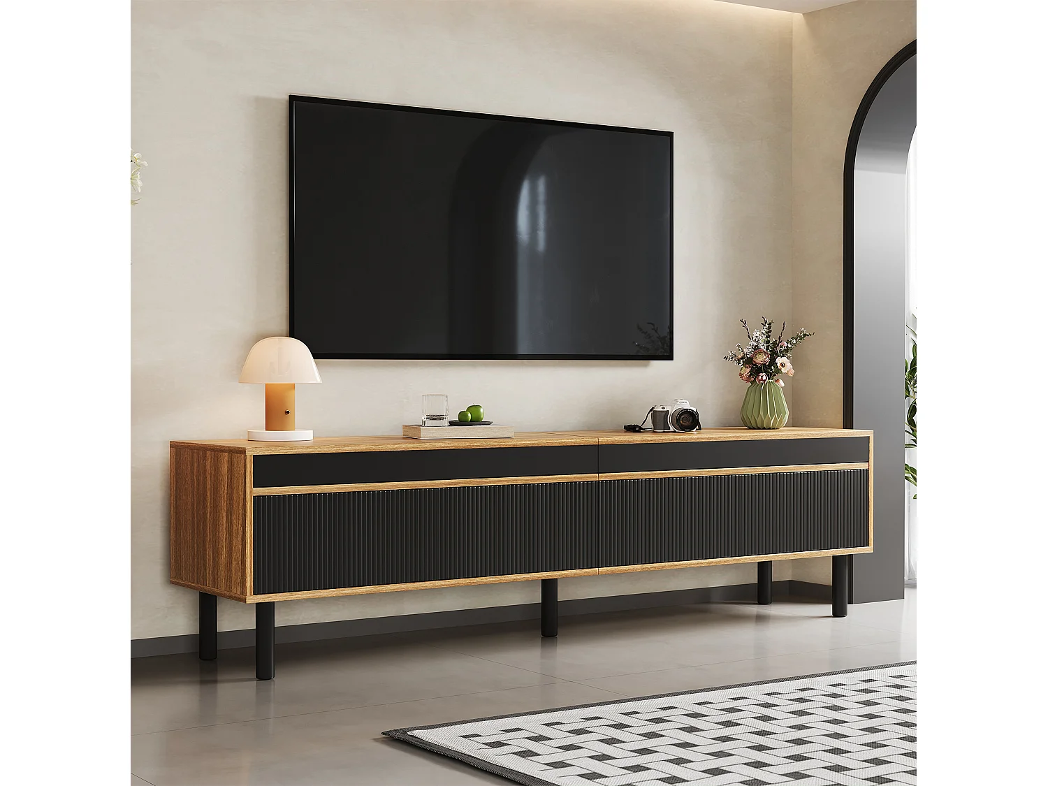 Mueble TV de 3 puertas a rayas, diseño elegante, tablero de partículas, color negro y madera natural (170x38x47cm)