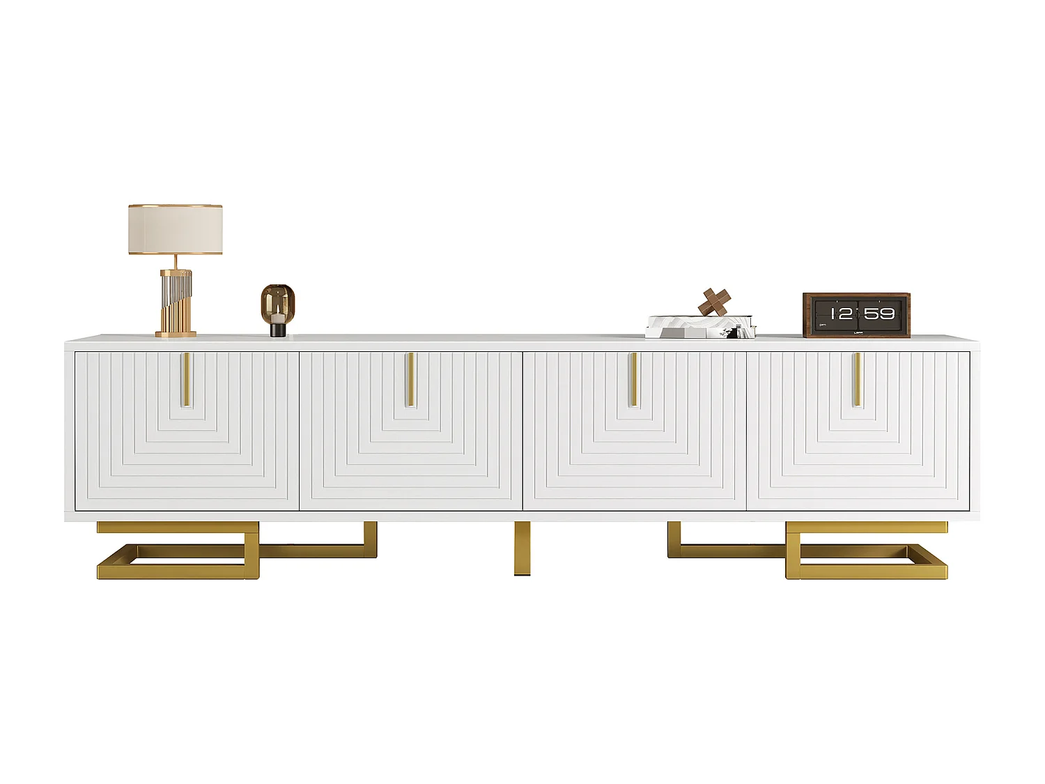 Mobile TV con ante strutturate, design elegante, pannello di particelle, bianco, gambe e maniglie dorate (160x38x44,5cm)