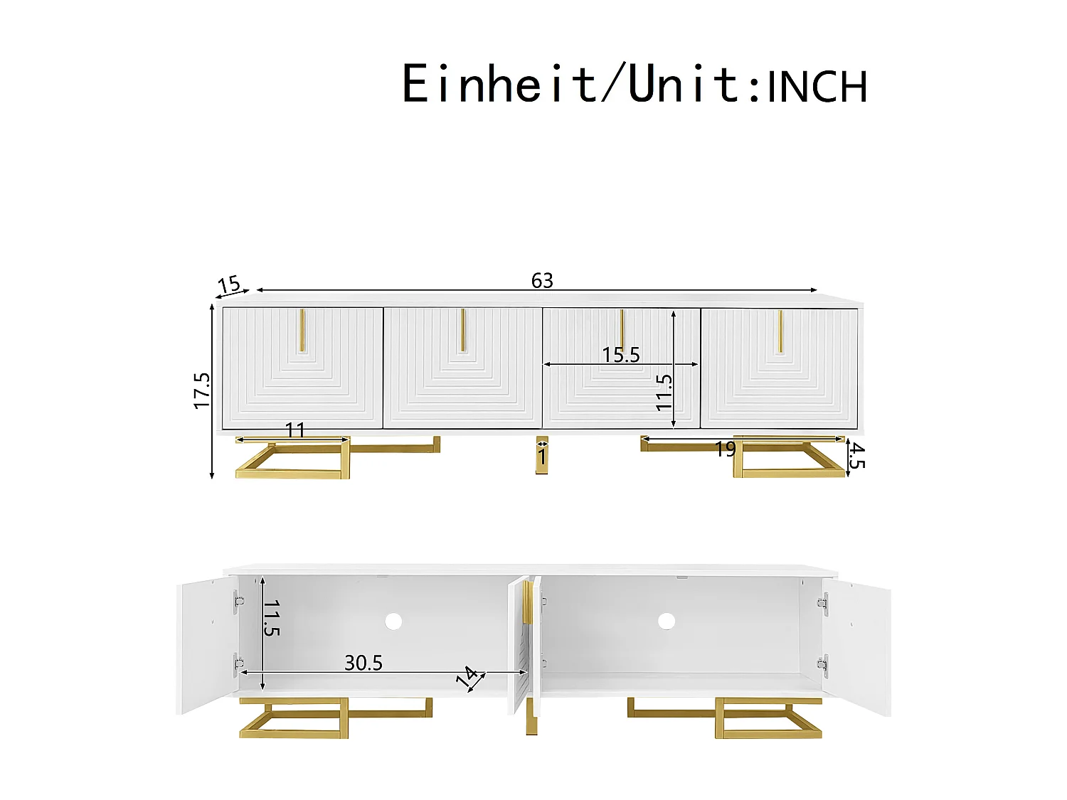 Mobile TV con ante strutturate, design elegante, pannello di particelle, bianco, gambe e maniglie dorate (160x38x44,5cm)
