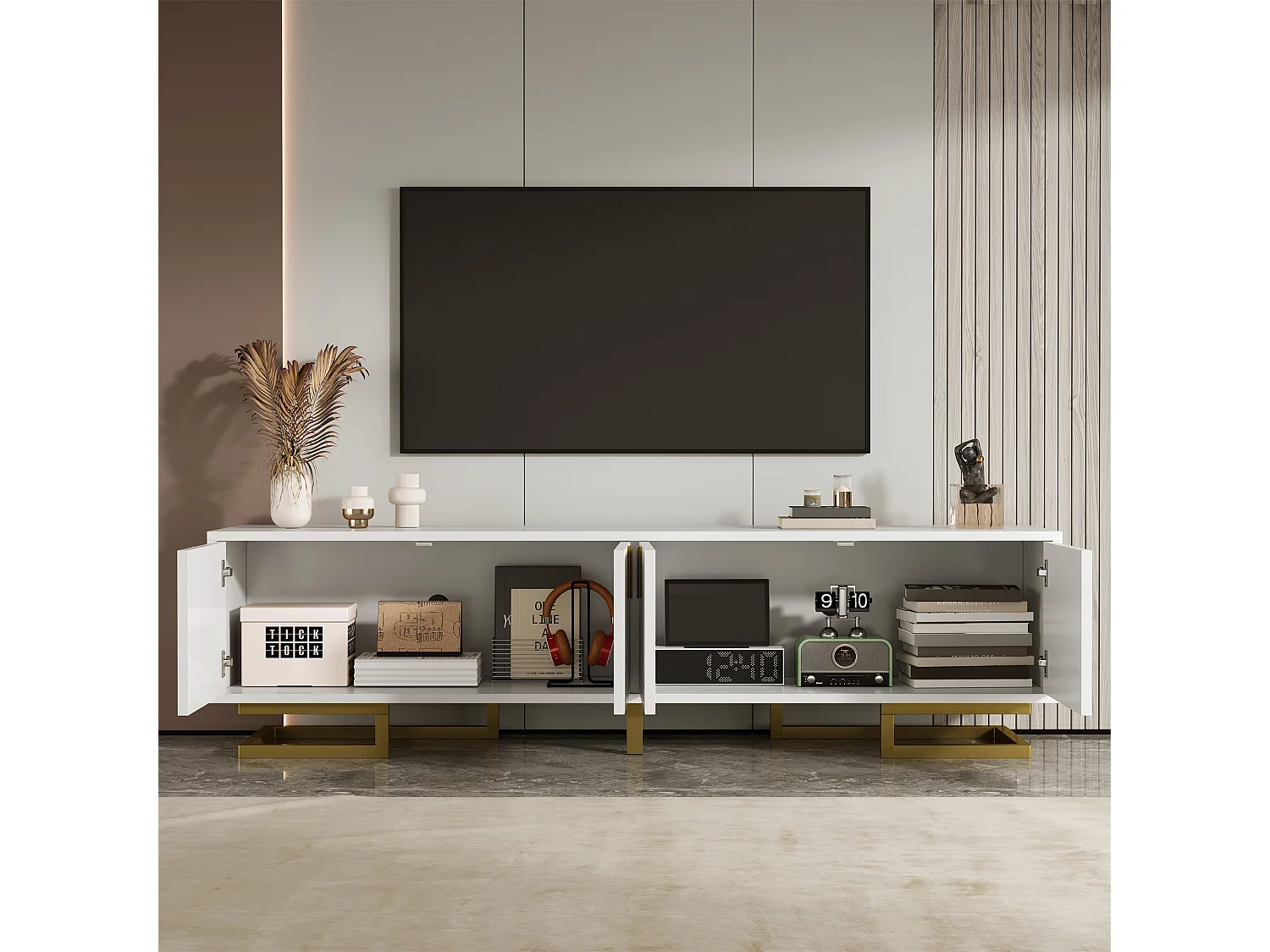 Mobile TV con ante strutturate, design elegante, pannello di particelle, bianco, gambe e maniglie dorate (160x38x44,5cm)