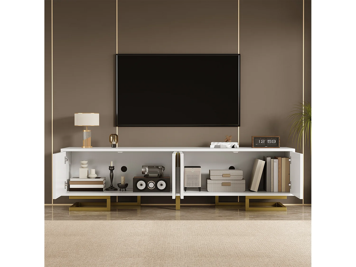 Mobile TV con ante strutturate, design elegante, pannello di particelle, bianco, gambe e maniglie dorate (160x38x44,5cm)