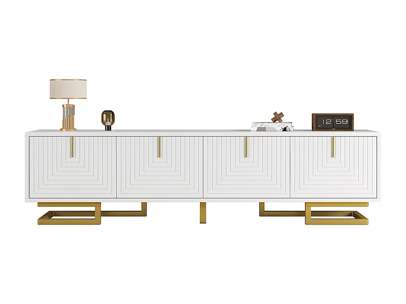 Mobile TV con ante strutturate, design elegante, pannello di particelle, bianco, gambe e maniglie dorate (160x38x44,5cm)