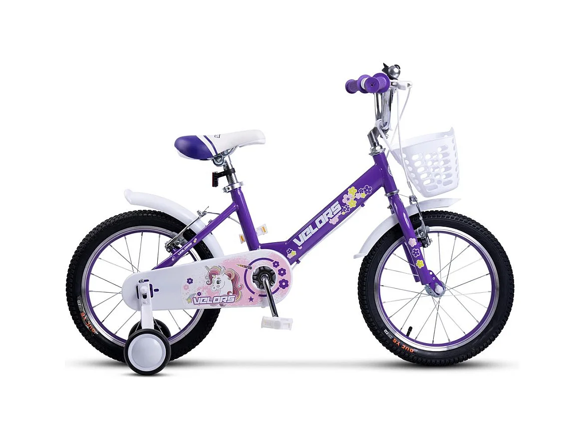 Vélo enfant 16 pouces avec roues stabilisatrices, cadre acier, freins double sécurité, pneus ville, violet (96x45x18cm)