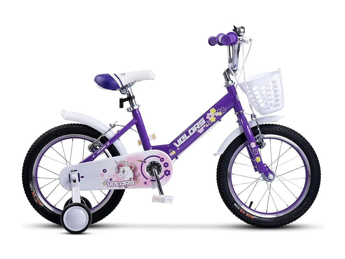 Vélo enfant 16 pouces avec roues stabilisatrices, cadre acier, freins double sécurité, pneus ville, violet (96x45x18cm)