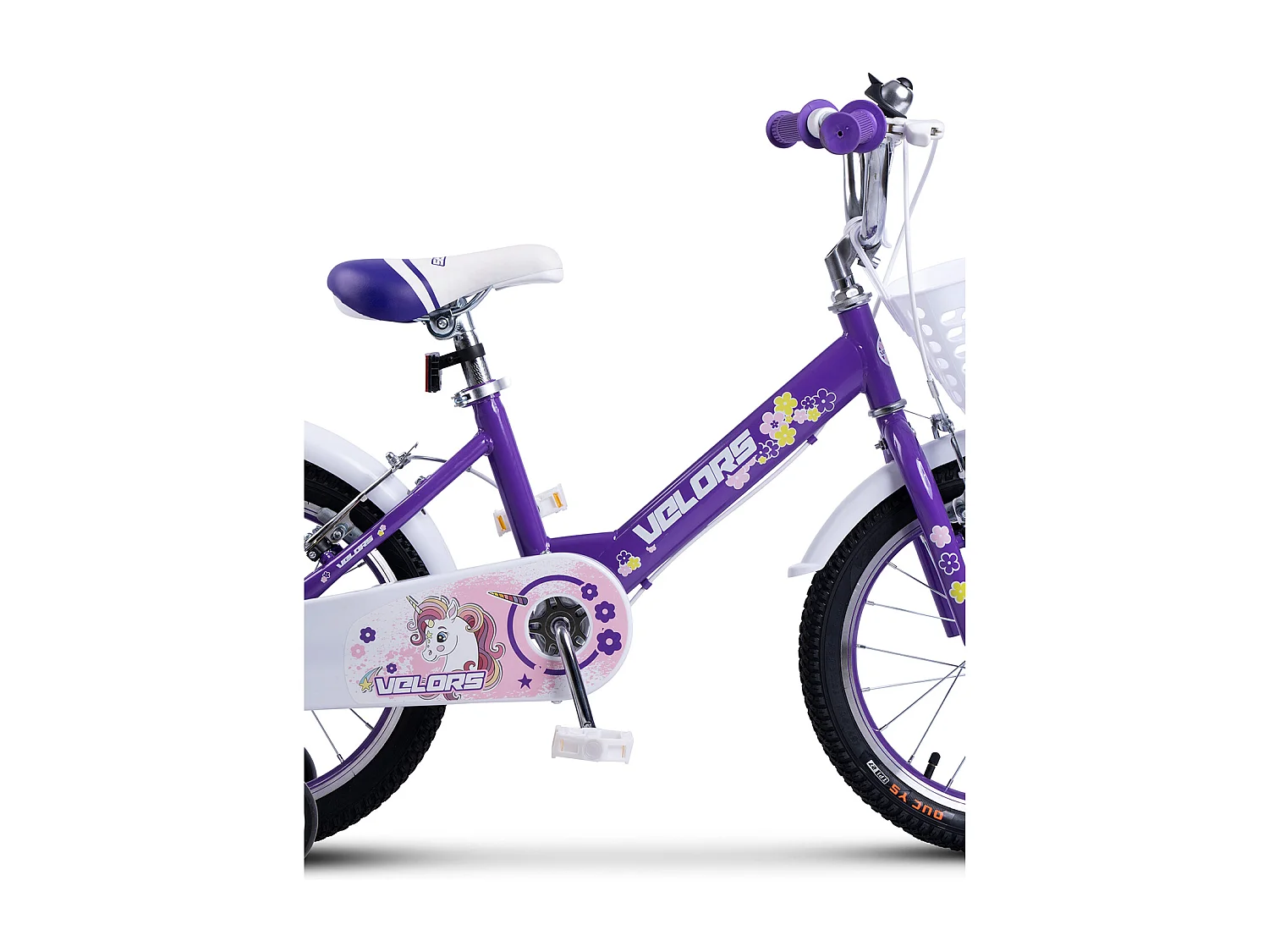 Vélo enfant 16 pouces avec roues stabilisatrices, cadre acier, freins double sécurité, pneus ville, violet (96x45x18cm)
