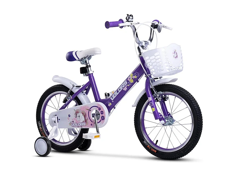 Vélo enfant 16 pouces avec roues stabilisatrices, cadre acier, freins double sécurité, pneus ville, violet (96x45x18cm)