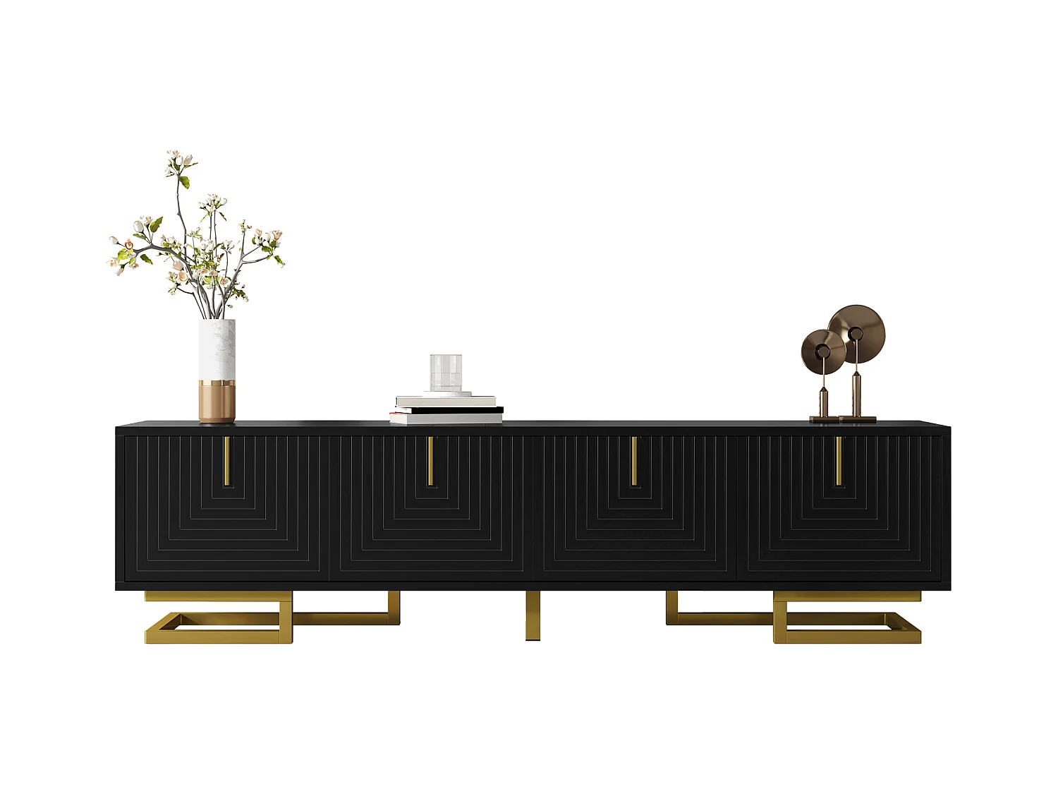 Meuble TV avec portes texturées, design élégant, panneau de particules, noir avec détails dorés (160x38x44.5cm)