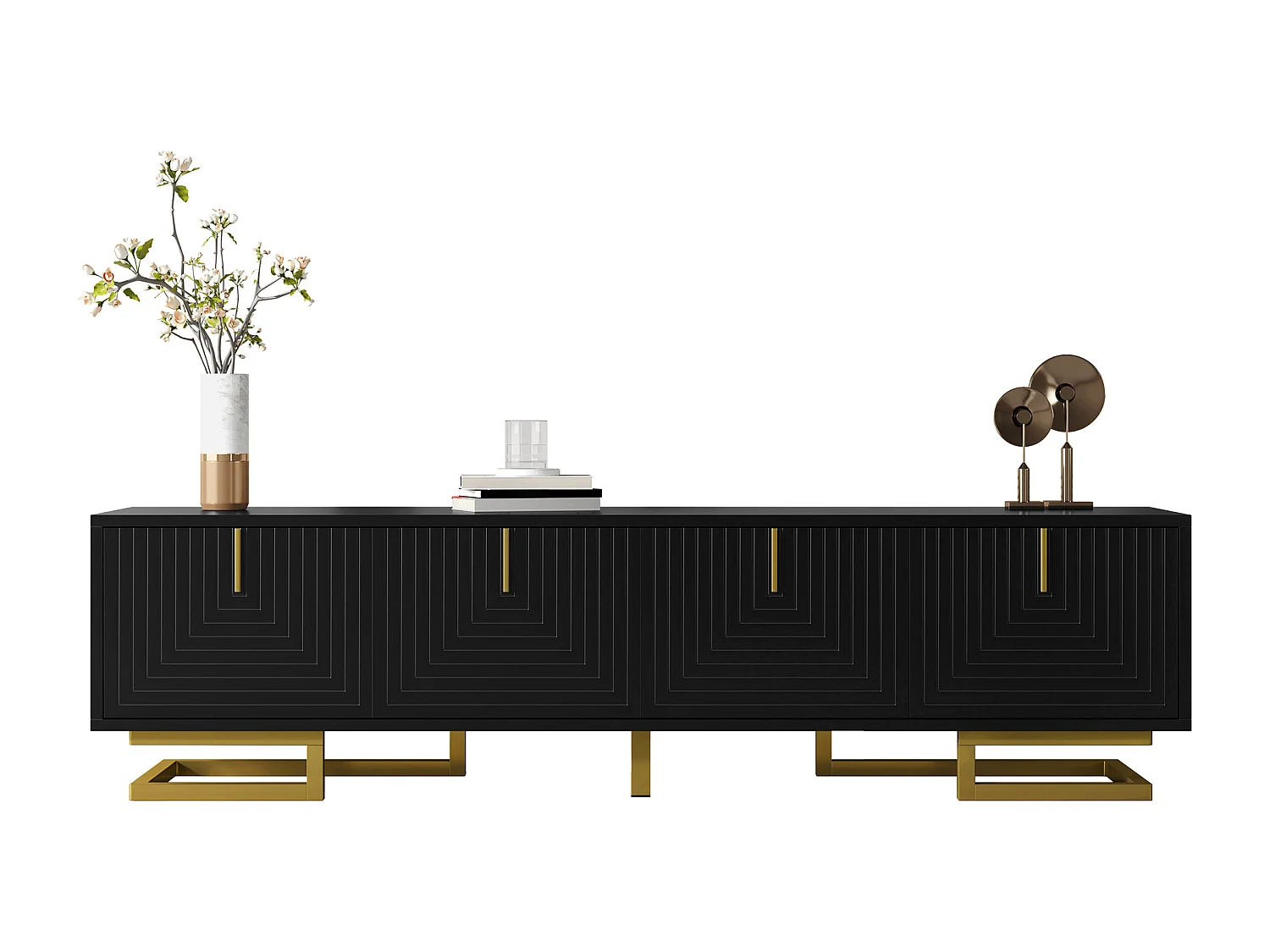 Meuble TV avec portes texturées, design élégant, panneau de particules, noir avec détails dorés (160x38x44.5cm)