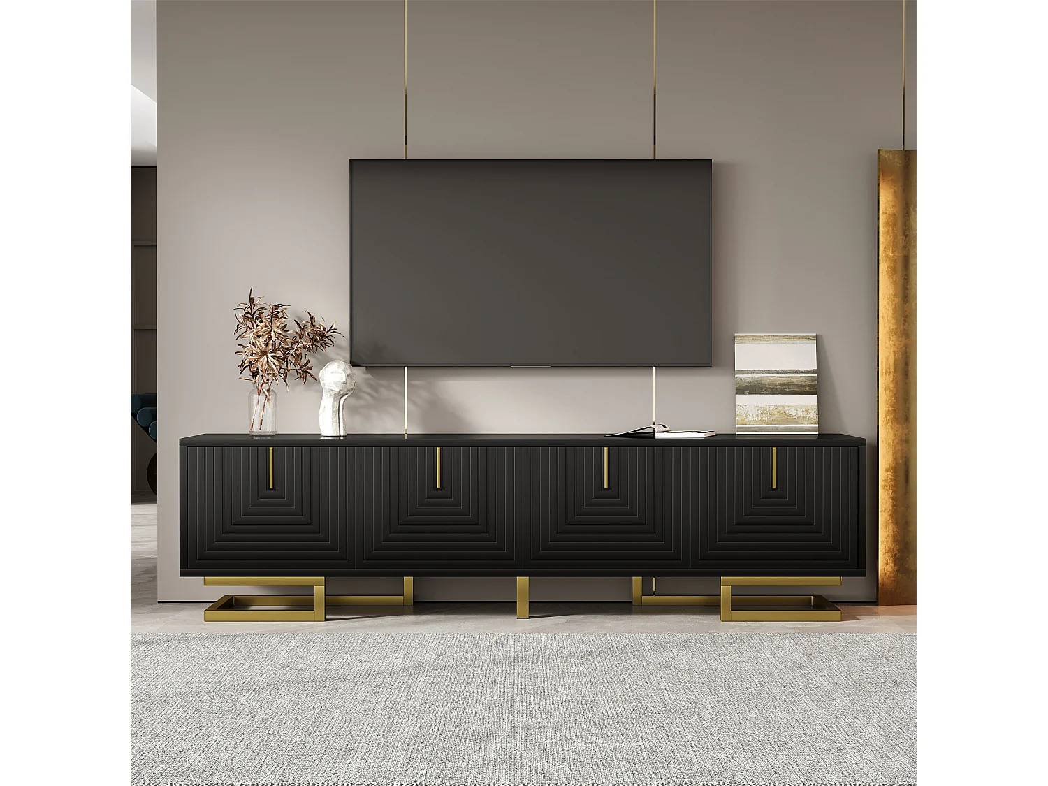 Meuble TV avec portes texturées, design élégant, panneau de particules, noir avec détails dorés (160x38x44.5cm)