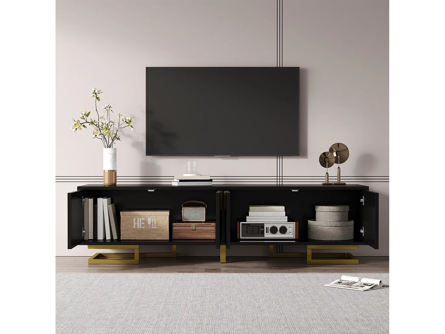 Meuble TV avec portes texturées, design élégant, panneau de particules, noir avec détails dorés (160x38x44.5cm)