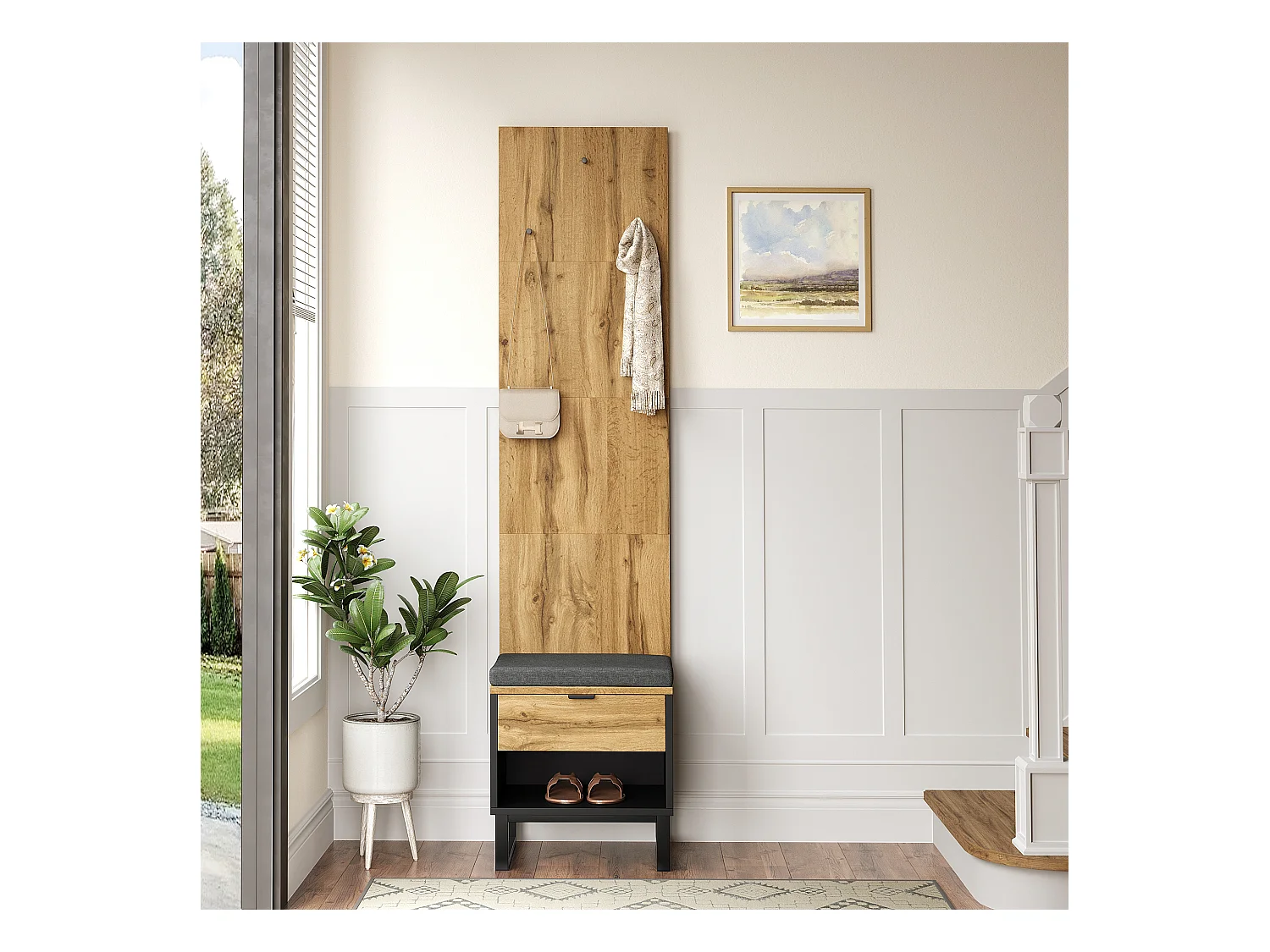 Porte-manteau avec banc à chaussures et tiroirs, panneaux en particules, naturel et noir (210x38x50cm)