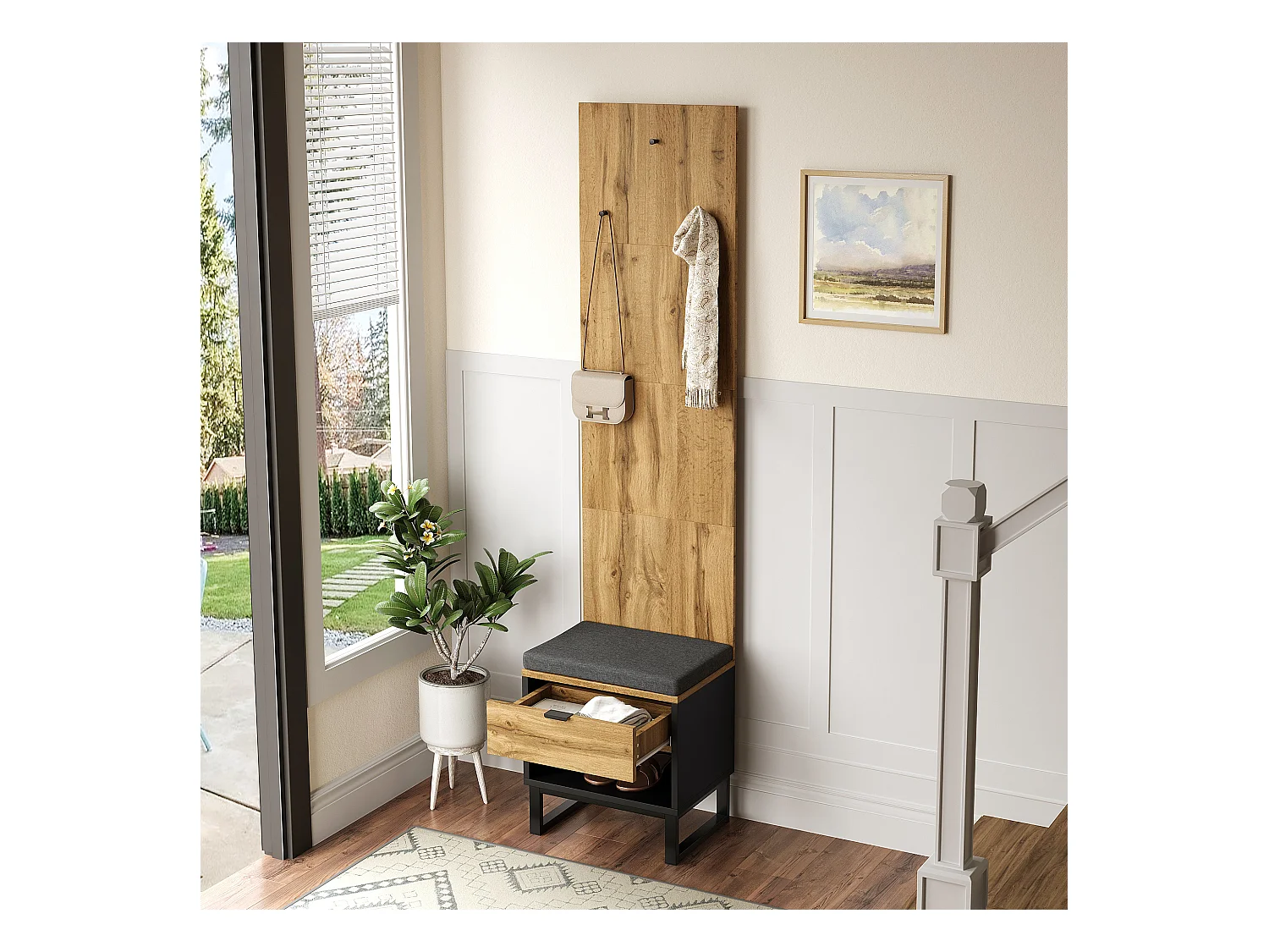 Porte-manteau avec banc à chaussures et tiroirs, panneaux en particules, naturel et noir (210x38x50cm)