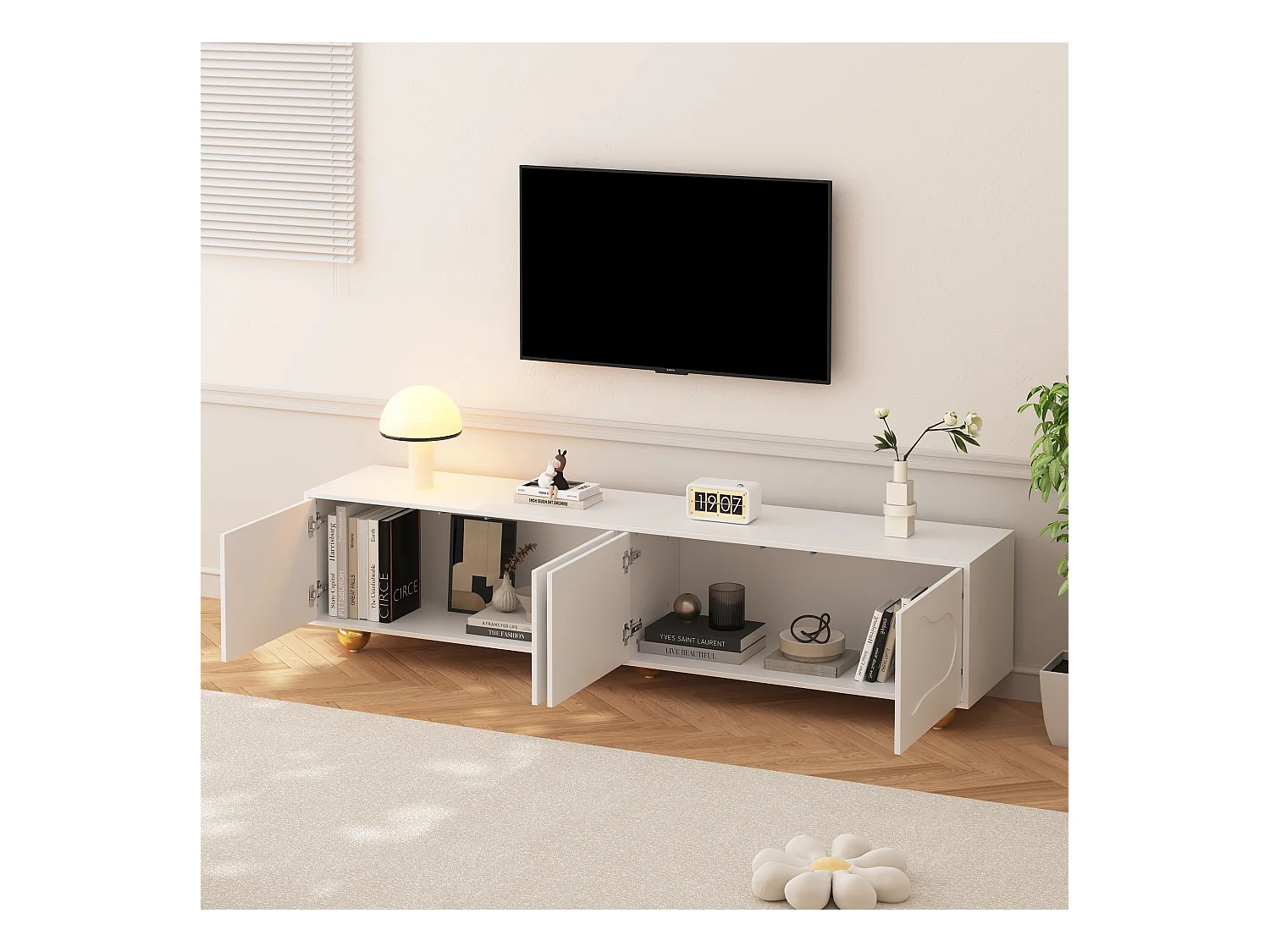 Meuble TV nuage ludique avec 2 portes, design cartoon, panneau de particules, blanc (180x40x45cm)