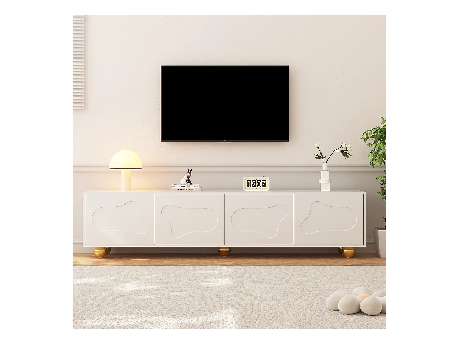 Meuble TV nuage ludique avec 2 portes, design cartoon, panneau de particules, blanc (180x40x45cm)