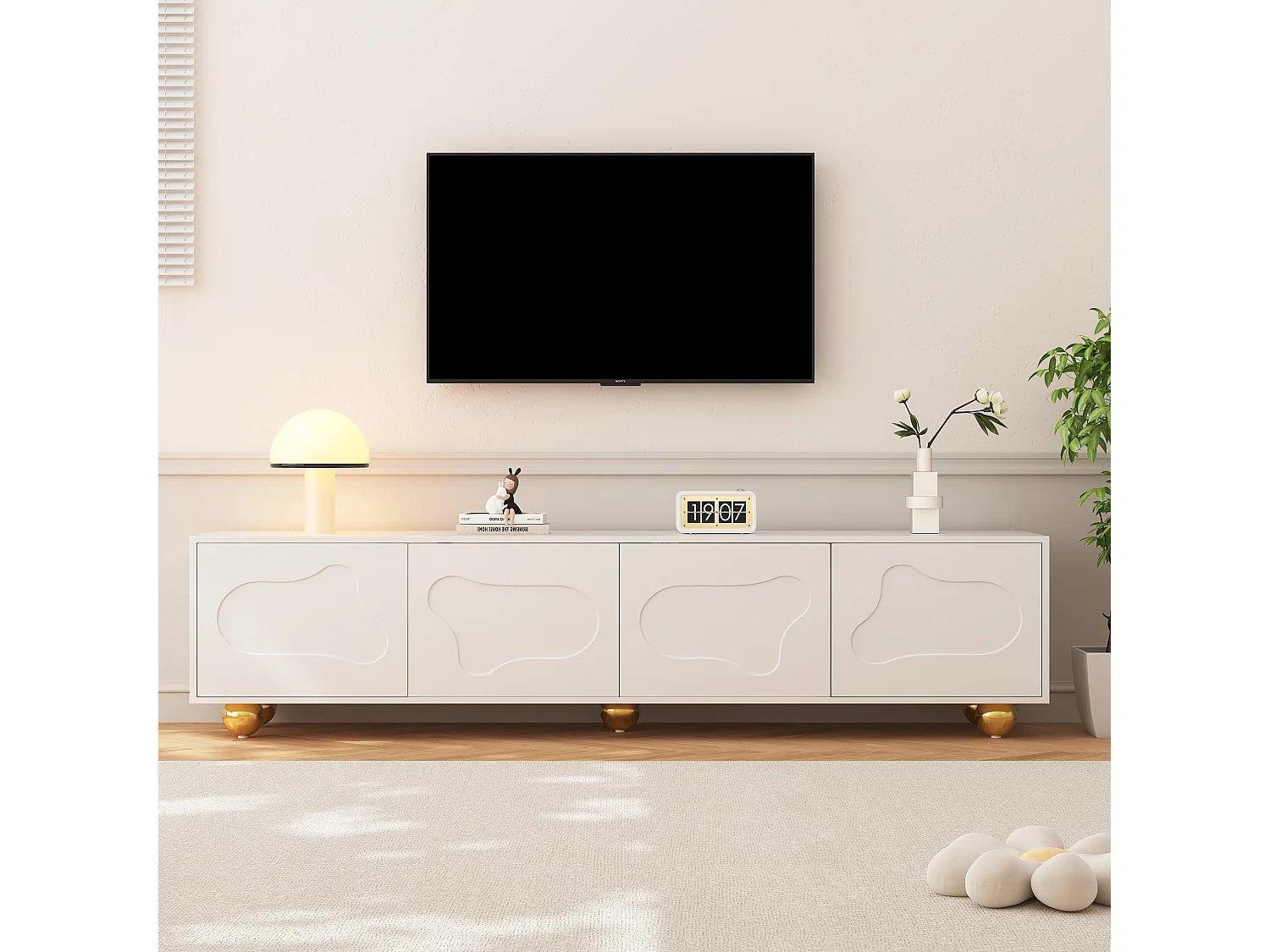 Meuble TV nuage ludique avec 2 portes, design cartoon, panneau de particules, blanc (180x40x45cm)