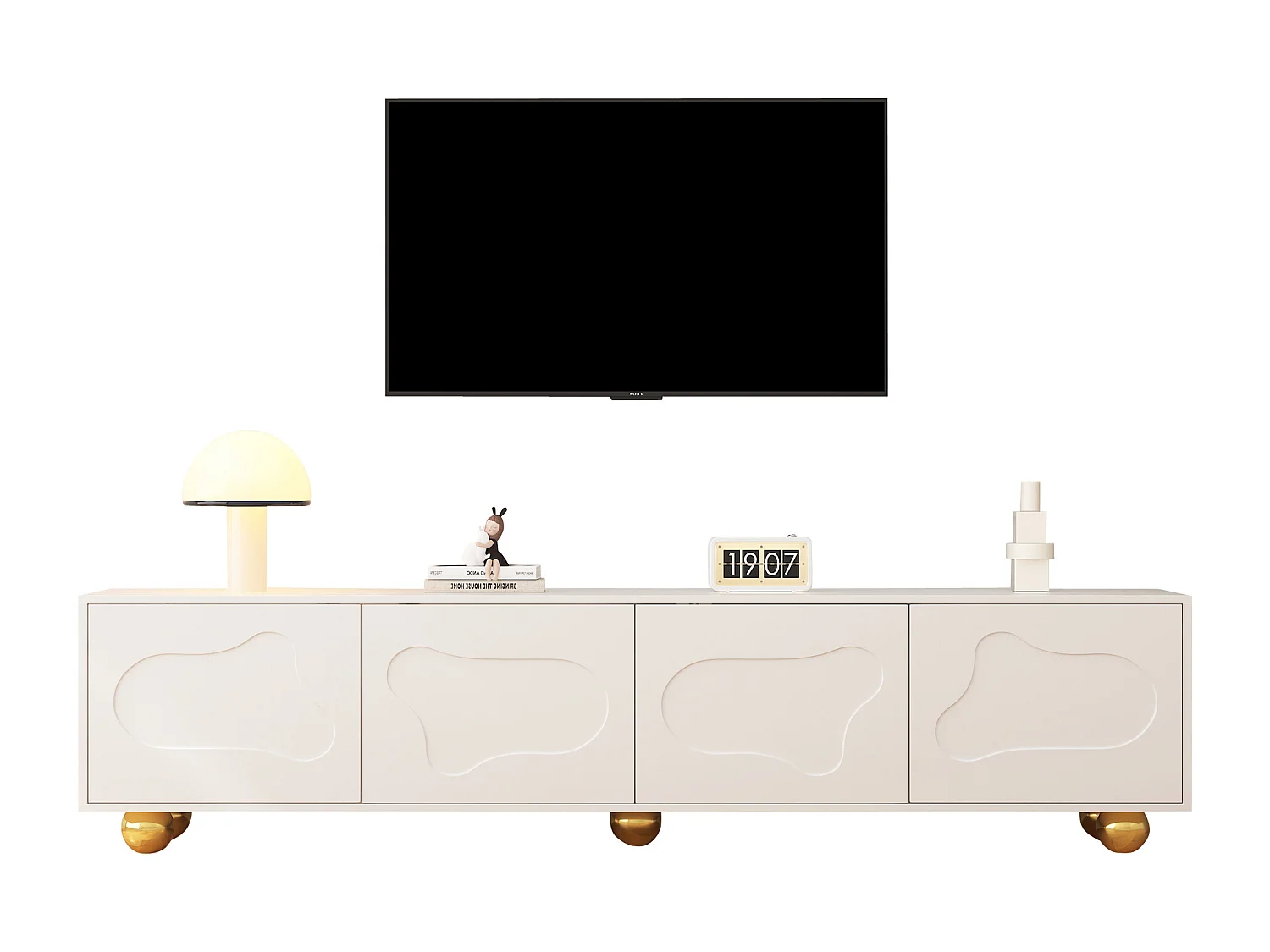 Meuble TV nuage ludique avec 2 portes, design cartoon, panneau de particules, blanc (180x40x45cm)