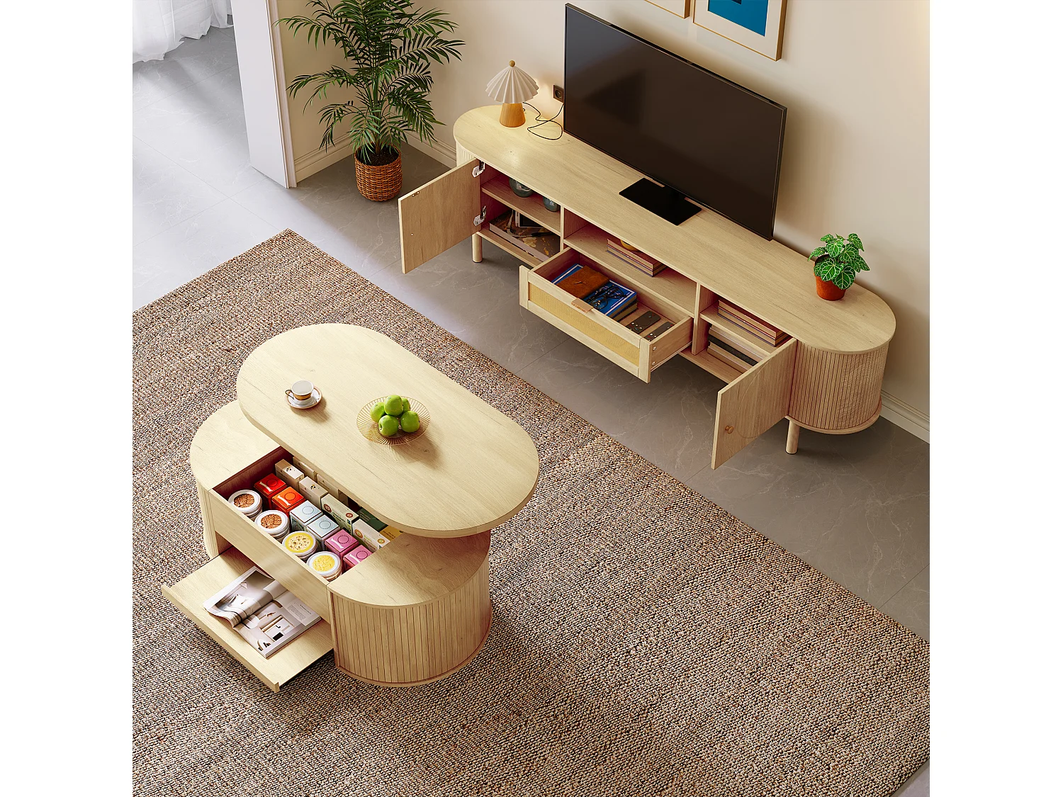 Conjunto de muebles de salón con mesa de centro regulable y soporte para TV, diseño moderno, MDF, color natural (110x55,5x40 cm / 175x36x41 cm)