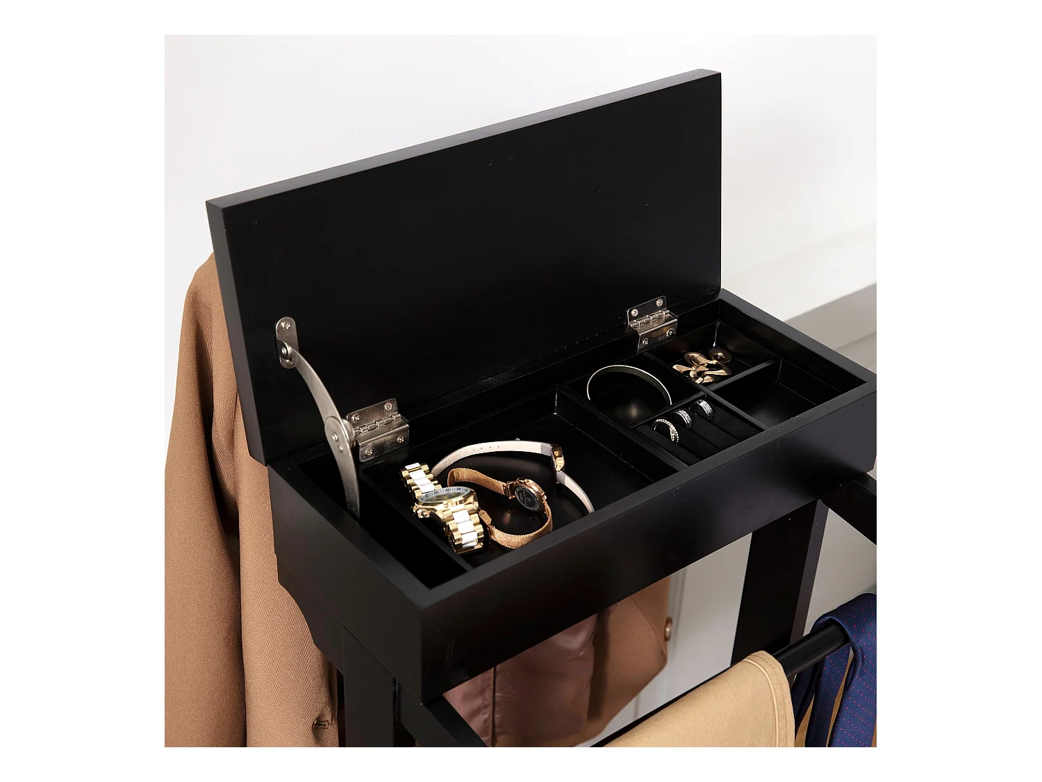 Appendiabiti portatile nero con organizer portaoggetti, MDF, asta in legno massello (44x36,5x110 cm)