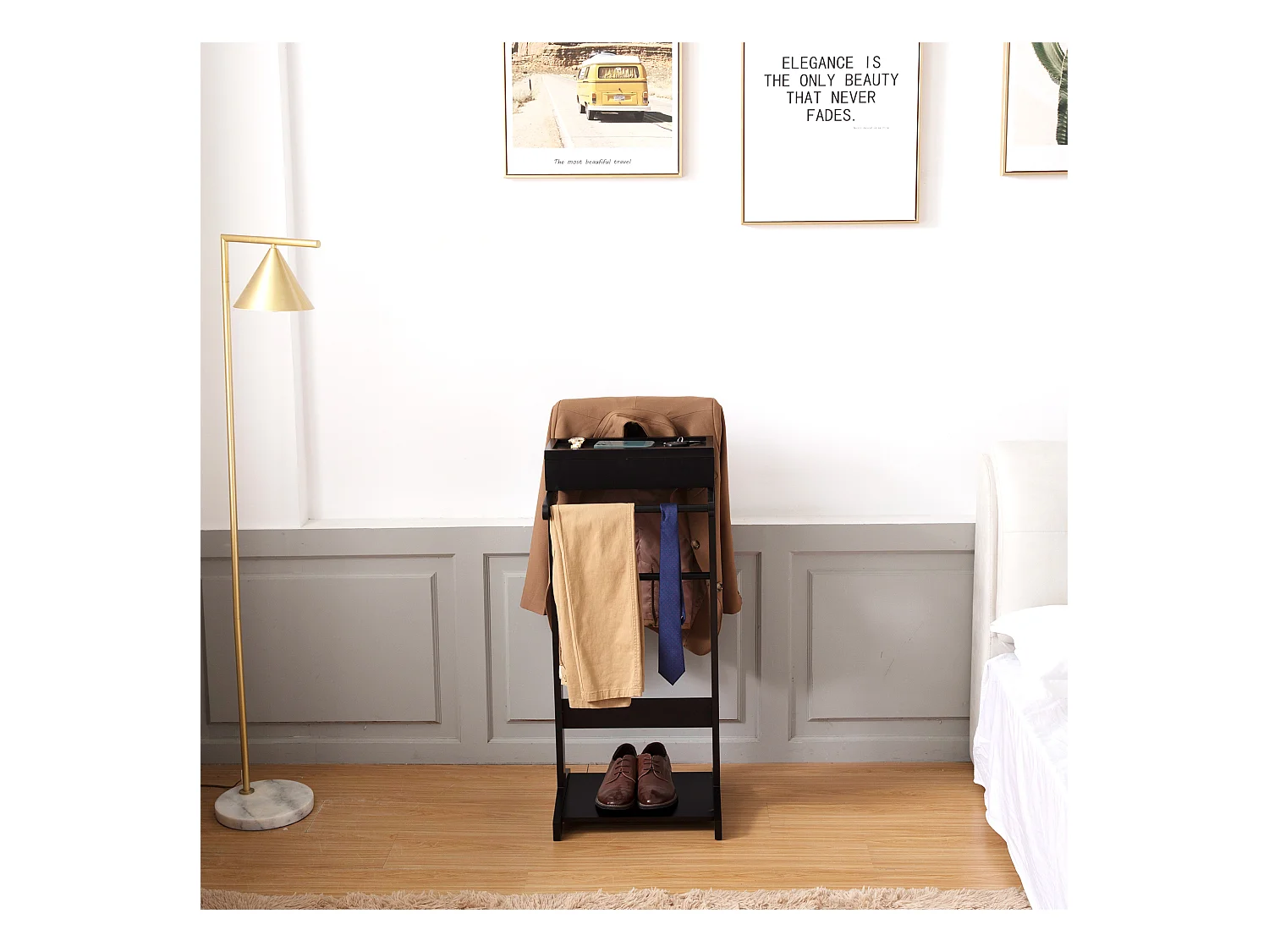 Appendiabiti portatile nero con organizer portaoggetti, MDF, asta in legno massello (44x36,5x110 cm)