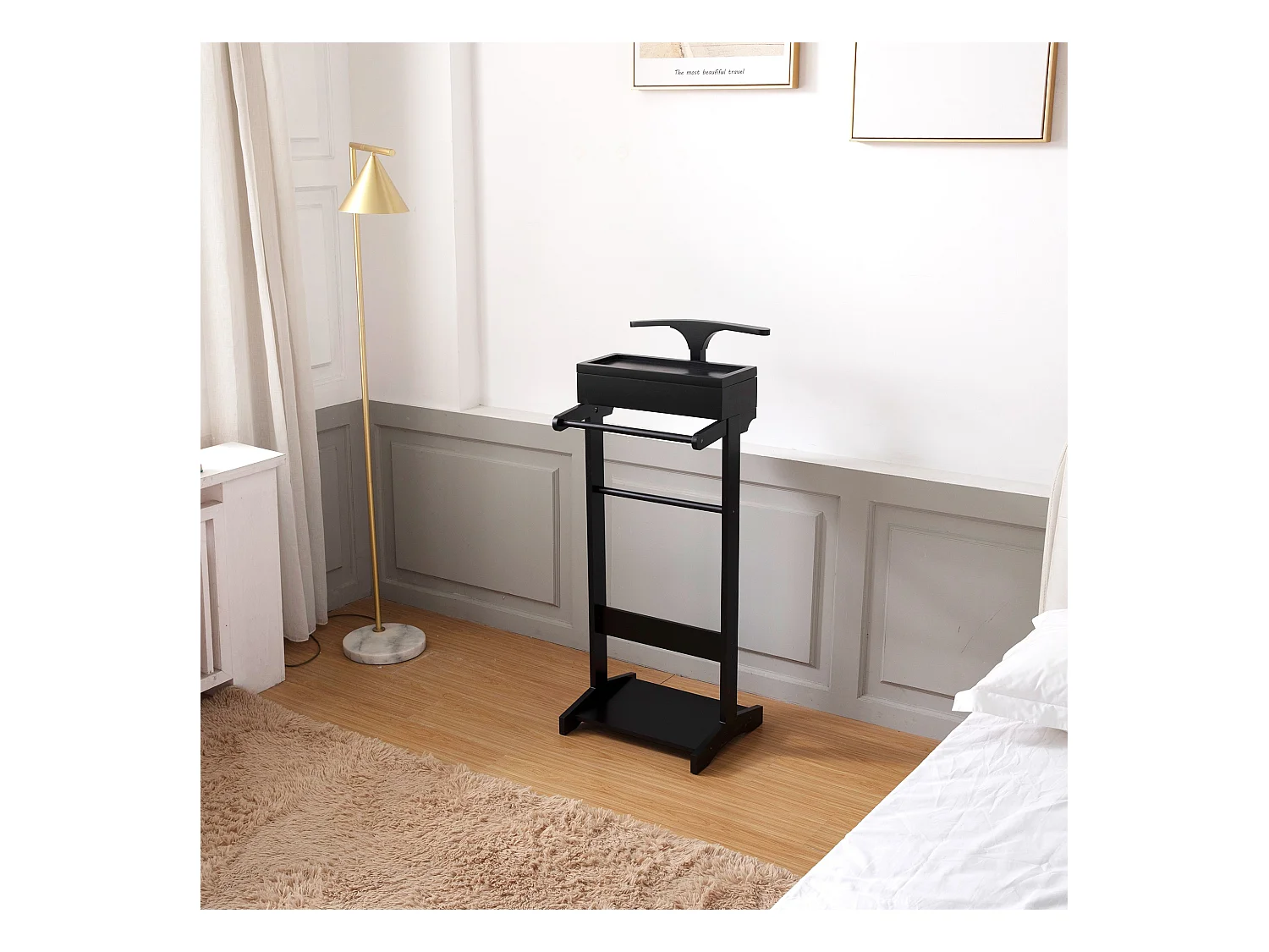 Appendiabiti portatile nero con organizer portaoggetti, MDF, asta in legno massello (44x36,5x110 cm)