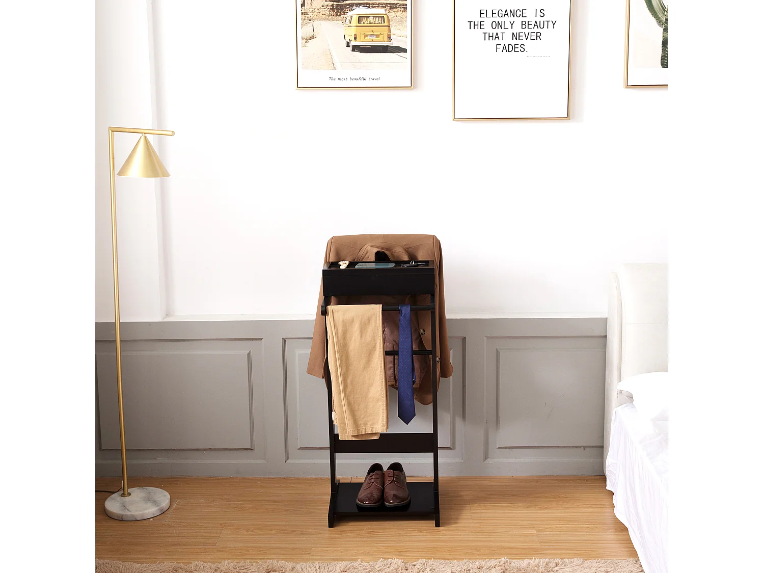 Porte-vêtements portable noir avec organisateur de rangement, MDF, tige en bois massif (44x36.5x110cm)