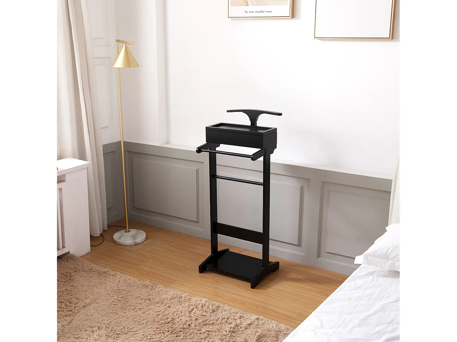 Porte-vêtements portable noir avec organisateur de rangement, MDF, tige en bois massif (44x36.5x110cm)