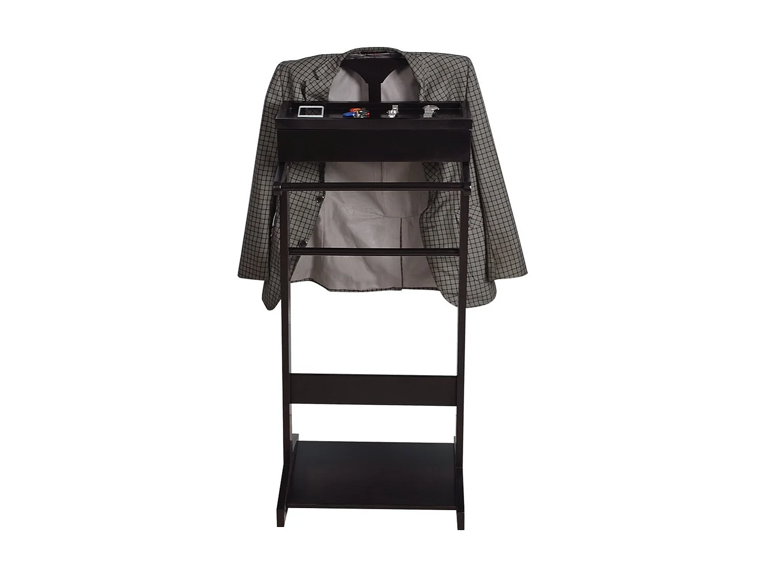 Porte-vêtements portable noir avec organisateur de rangement, MDF, tige en bois massif (44x36.5x110cm)