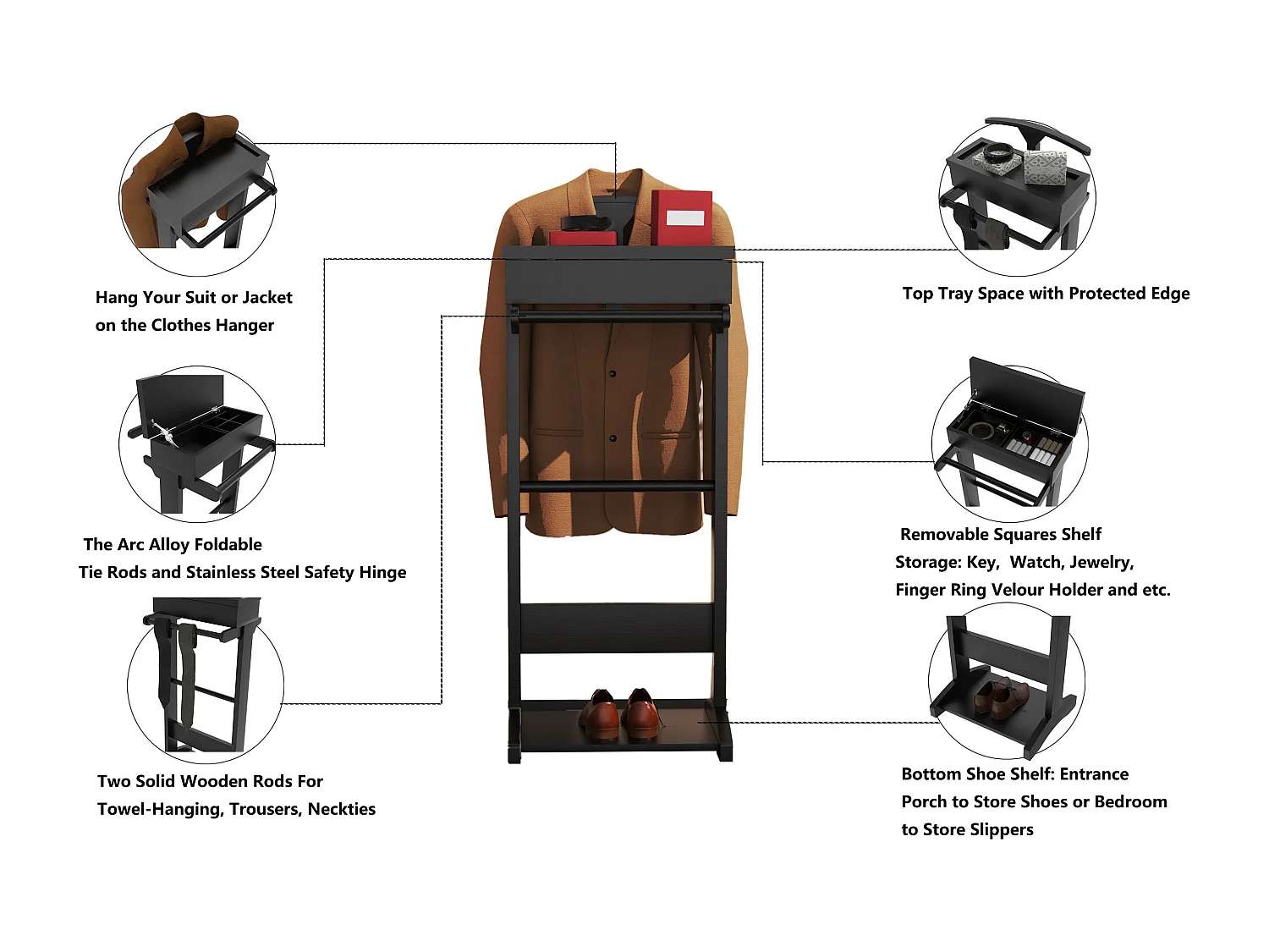 Porte-vêtements portable noir avec organisateur de rangement, MDF, tige en bois massif (44x36.5x110cm)