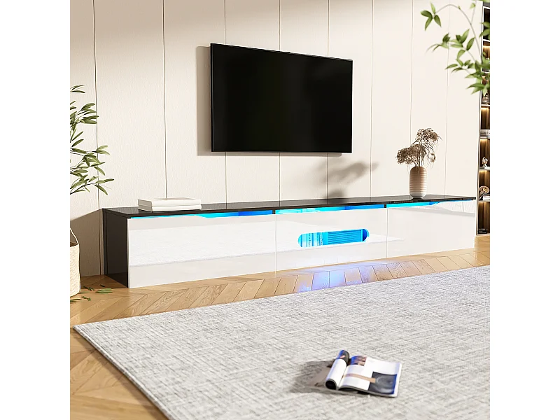 Moderne tv-standaard met 16-kleurige ledverlichting, MDF en spaanplaat, zwart-wit, wand- of vloermontage (180x35x30cm)