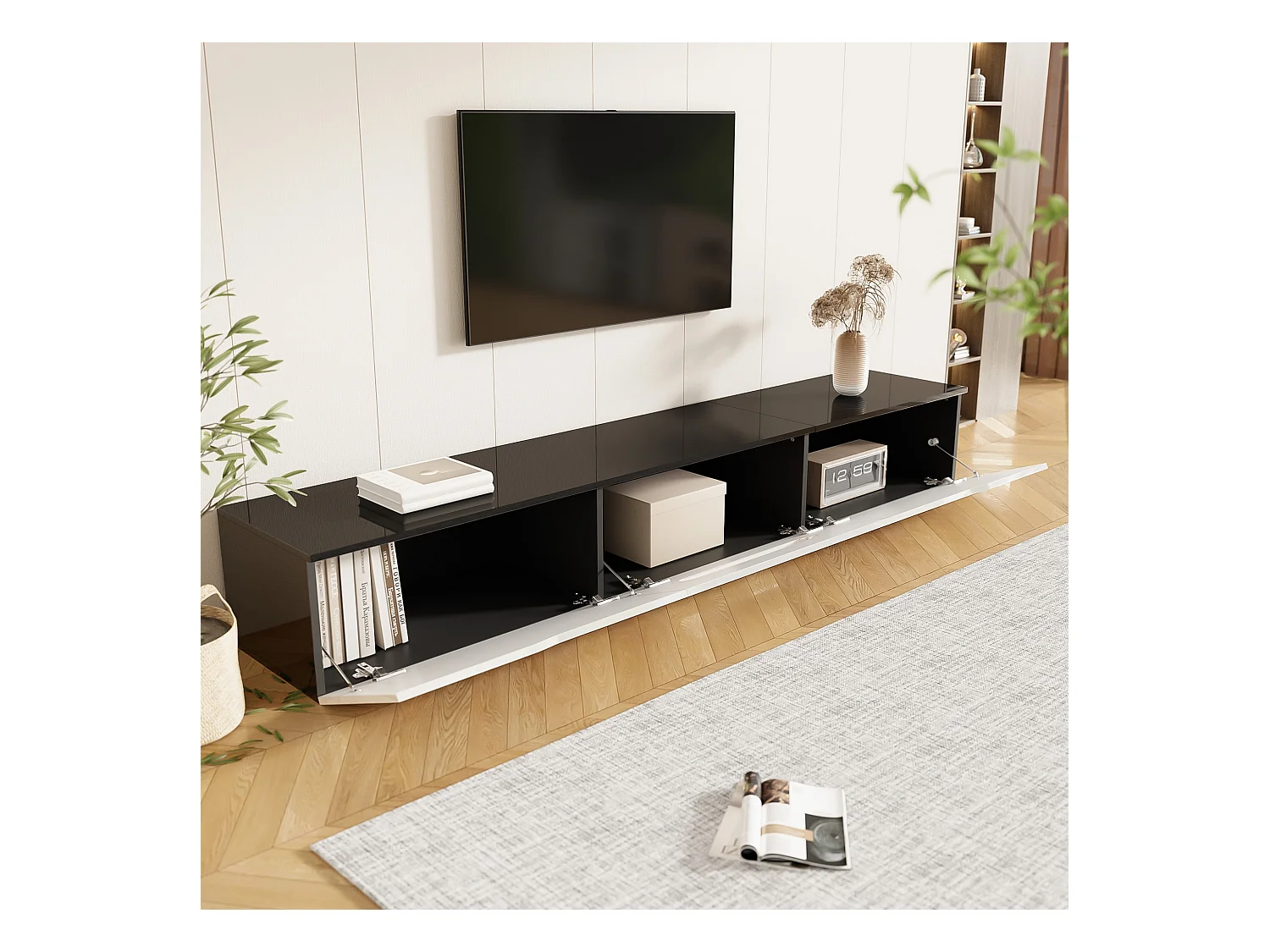 Moderne tv-standaard met 16-kleurige ledverlichting, MDF en spaanplaat, zwart-wit, wand- of vloermontage (180x35x30cm)