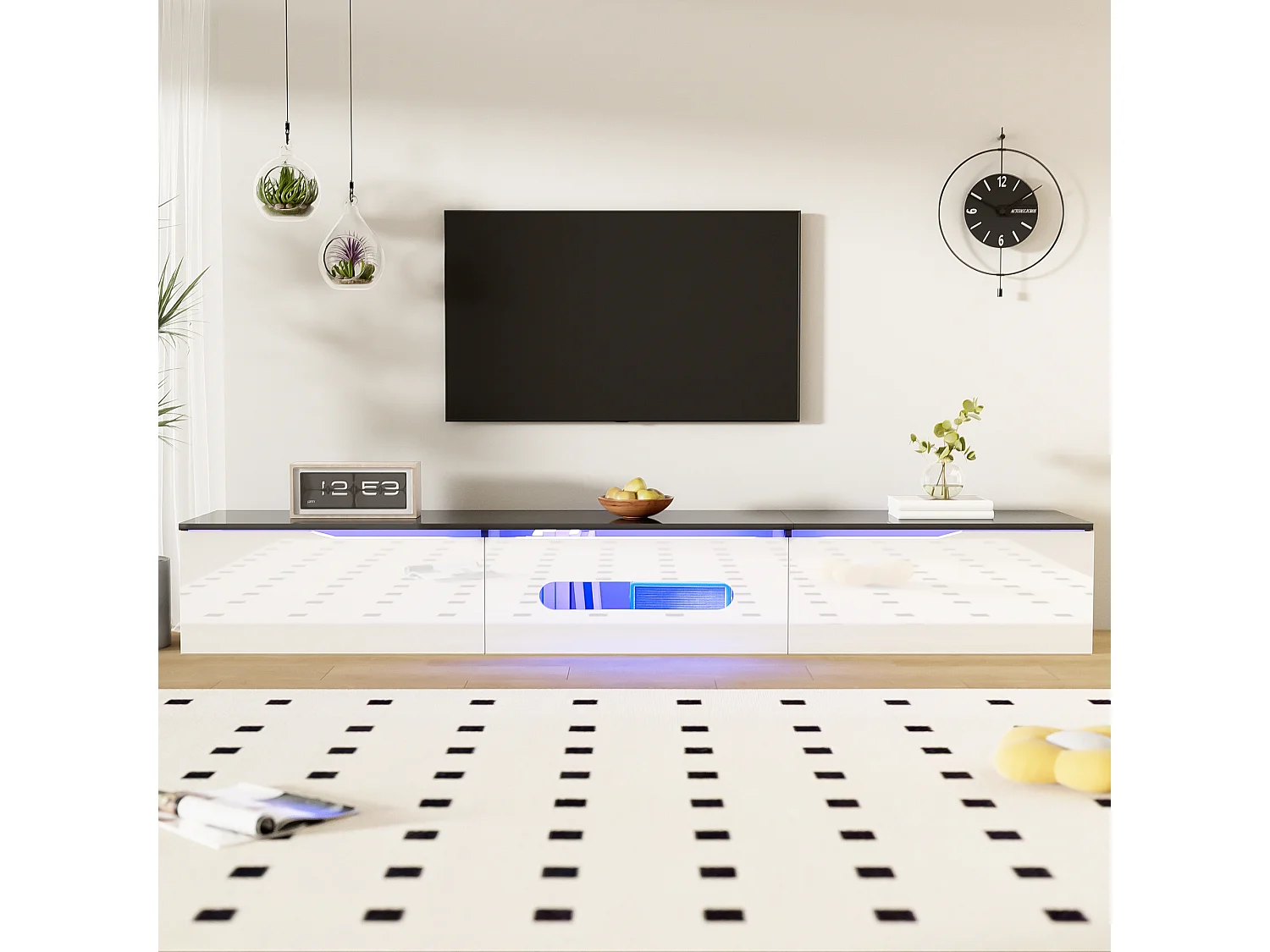 Mobile porta TV moderno con illuminazione LED a 16 colori, MDF e truciolato, bianco e nero, montaggio a parete o a pavimento (180x35x30cm)