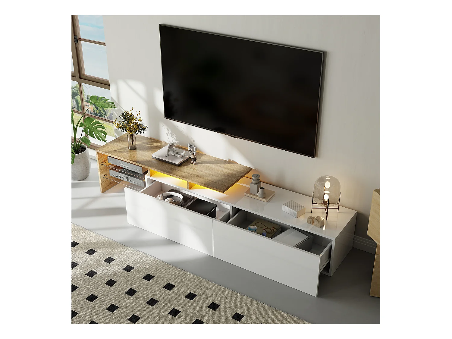 Meuble TV design moderne, élégant avec rangement pratique, blanc laqué et finition bois, plateaux en verre et éclairage LED (170x33x33.5 cm)