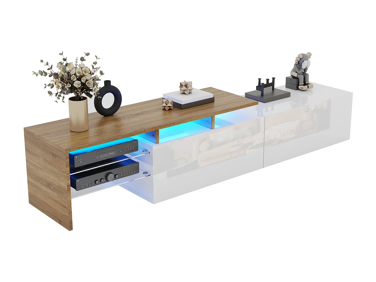Meuble TV design moderne, élégant avec rangement pratique, blanc laqué et finition bois, plateaux en verre et éclairage LED (170x33x33.5 cm)