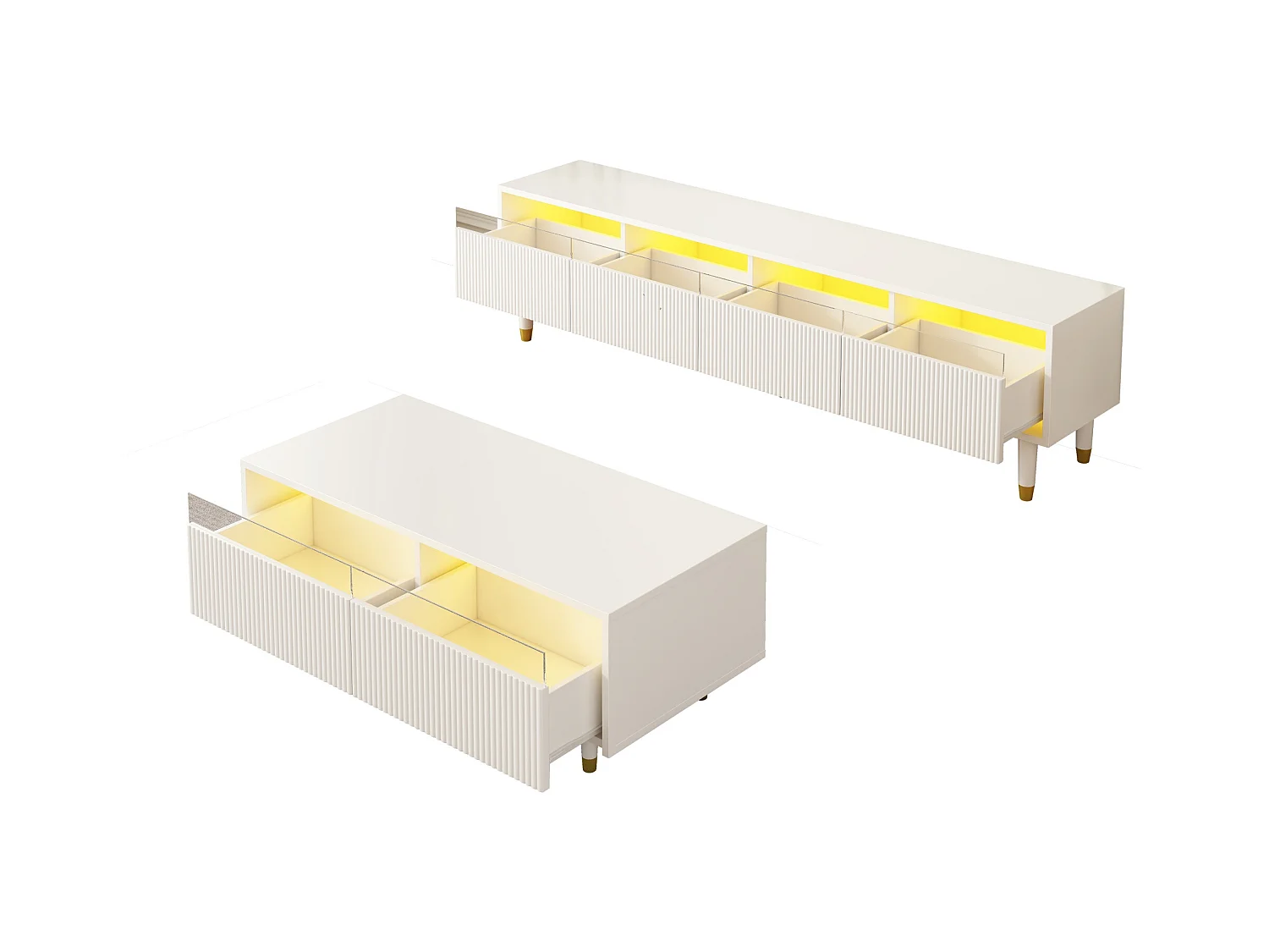 Moderno mueble TV LED y mesa de centro, diseño blanco y dorado, MDF, con 4 puertas y 2 cajones, iluminación LED integrada (110x50x40 cm / 178x35x45 cm)